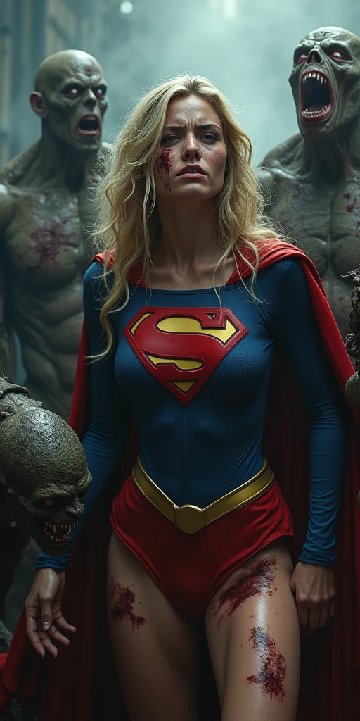 A beautiful blonde woman Adriana Lima wearing a blue leather jumpsuit combined with black gloves and red leather boots Superman Man Of Steel Movie emblem on her chest kneeling screaming exhausted after a battle blood around her skulls and lots of blood hair tied back in a ponytail reflection of her in her blood DC universe logo in the background