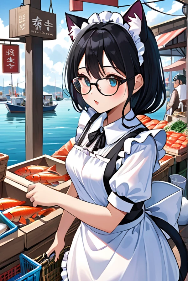 Black hair, glasses, cat ears, cat tail, maid outfit, fishing port, fish market, big fish, shopping