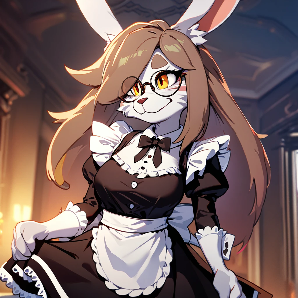 1girl,solo,furry,furry female,rabbit ears,brown color furry,maid costume,round glasses,frightened look,in Western-style mansion,UHD,High Resolution,master piece,Best Quality,High Quality,super Details