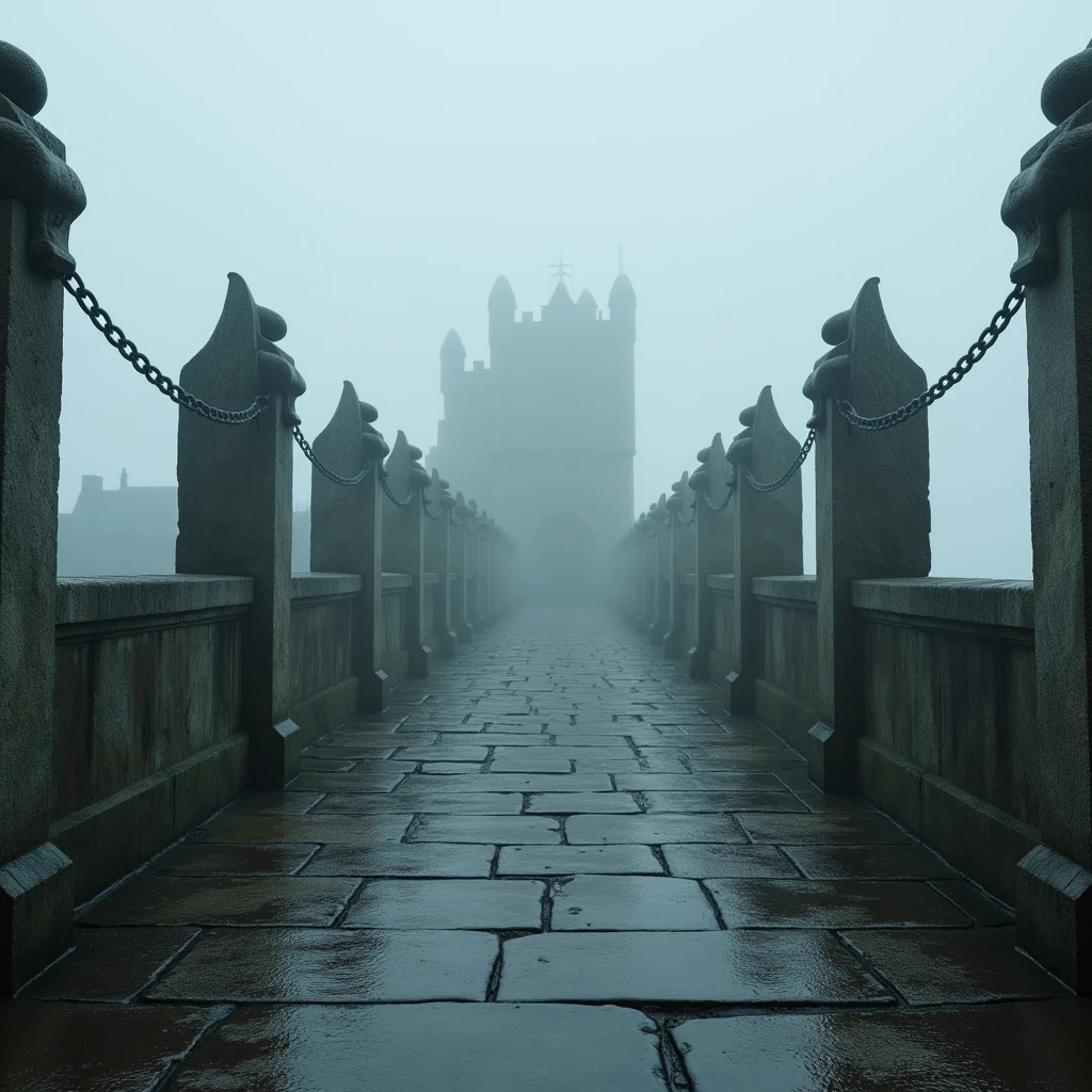 ( photorealism ,maximum quality ,8 k ,HDR) throw,view from the eyes,  we are standing on an ancient stone bridge ,  decorated with stone statues of Gargoyles on the sides , ancient stone bridge ,  that leads to a mysterious Gothic castle visible through the thick fog ahead,  that barely shows through the thick fog ,  clouds of fog all ahead , the end of the bridge is not visible in the fog , slush rain ,despondency fog ,despondency 