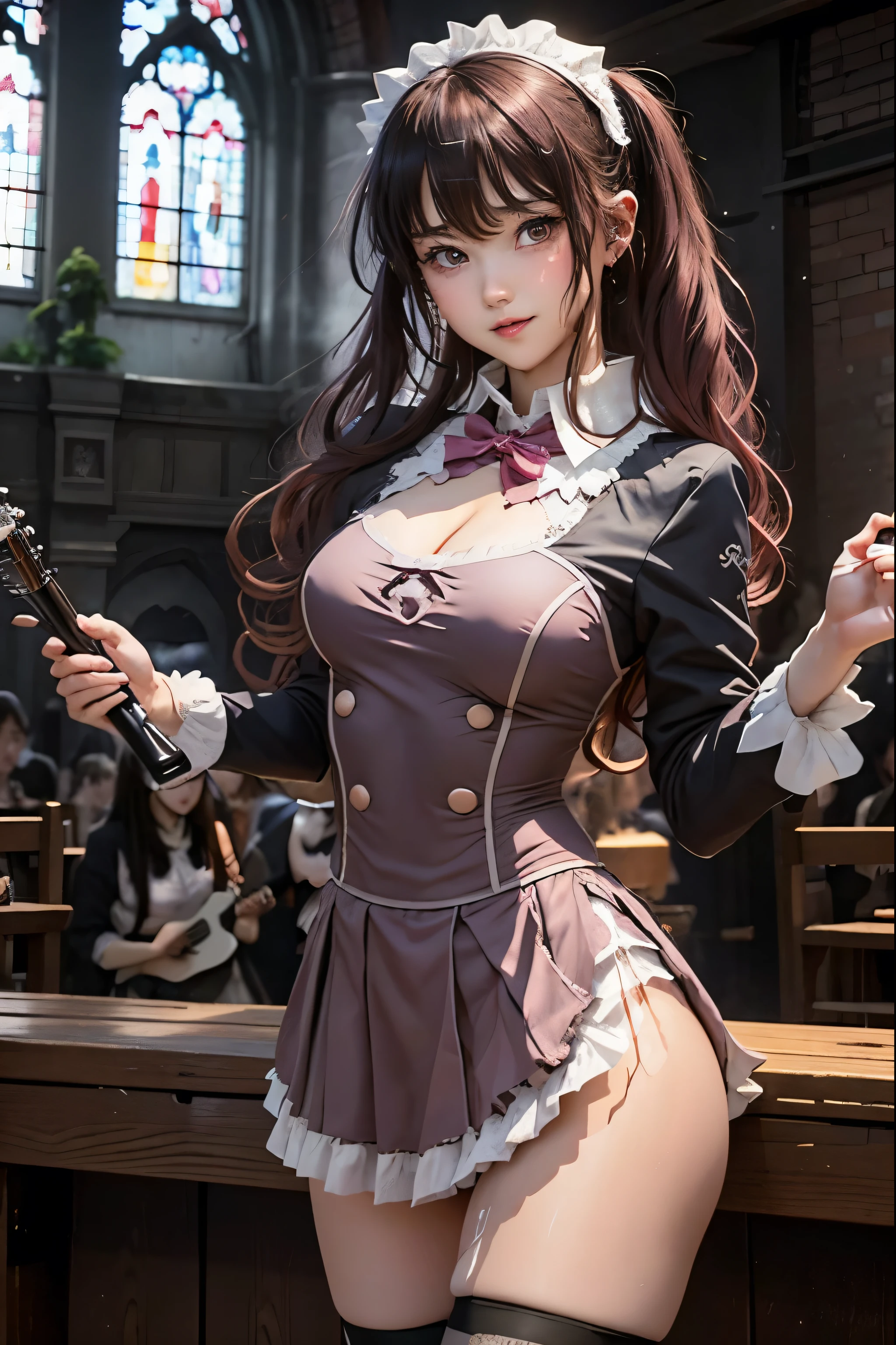 High school girl blazer、uniform、 Red Check Knee Length Skirt、 long skirt、JK Style、 jacket、smile、 knee-high socks、 thigh high socks 、 pantyhose、Superb beauty 、Super cute、ennui、 Rare Beauty 、 twin tail hair、 Dark Dark Eye Shadow 、 sad、Skin radiance、 long hair straightener 、 Dark Gothic Makeup 、Dark Smile、 Fragrant Beauty 、 Stained Glass Background 、masterpiece、 best quality、See 5 books、Sweat glistening on my chest、Sweat glistening on the face、 smaller breasts、Dark pink hair、22 years old、Slightly slim、 Mysterious Expressions 、Sad look、 pink hair、mysterious gothic church、 Fascinating Castle 、Excessive sweating all over the body、Lots of sweat and shine on the thighs、Shiny thighs、Thighs、 Thighs、 I sweat a lot、gal、 smaller breasts、 Japanese face 、 Seductive Expression 、Thin thighs、Playing guitar、 holding an electric guitar 、Sing passionately、A lot of sweat shines on the band Playing Guitar 、 Playing Guitar Chords 、 Live House Background 、 songs、 open your mouth 、 Live House Scenery 、 microphone stand、 gorgeous live stage 、 Dynamic Angles、