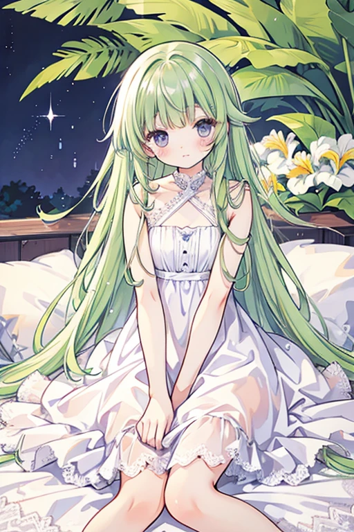 long straight green hair, purple eyes, blunt bangs, white lace dress, blushing, calm, iris field