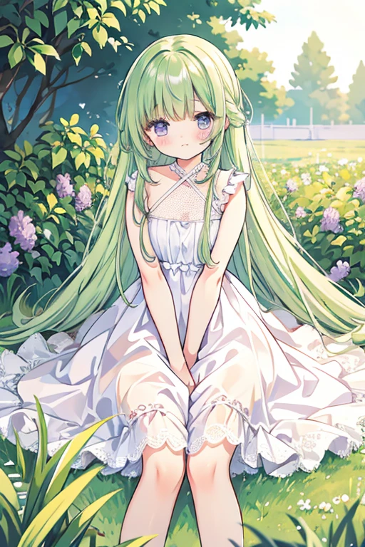 long straight green hair, purple eyes, blunt bangs, white lace dress, blushing, calm, iris field