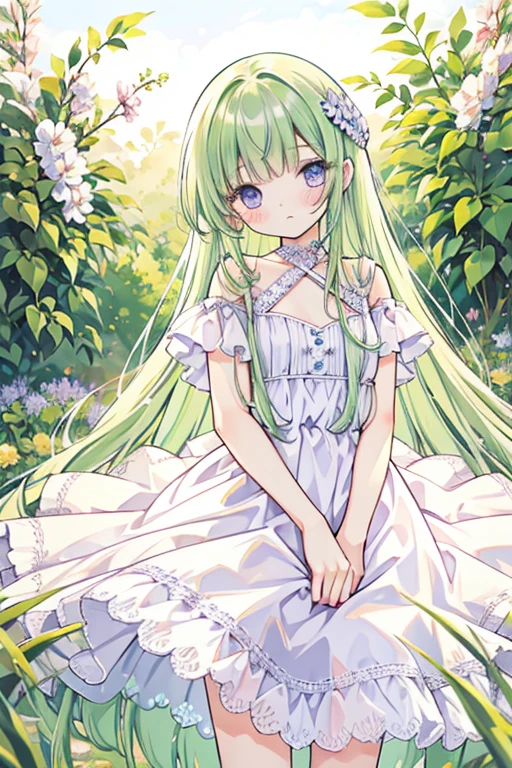 long straight green hair, purple eyes, blunt bangs, white lace dress, blushing, calm, iris field