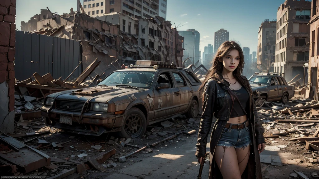 masterpiece, high resolution,8K,(Portrait Photos:1.5),(R Original Photo),Reality,Digital Photography,(Apocalyptic ruins ),City ruins，beautiful 20 year old woman，sentry， post-apocalyptic scene，Close-range photography， broken clothes