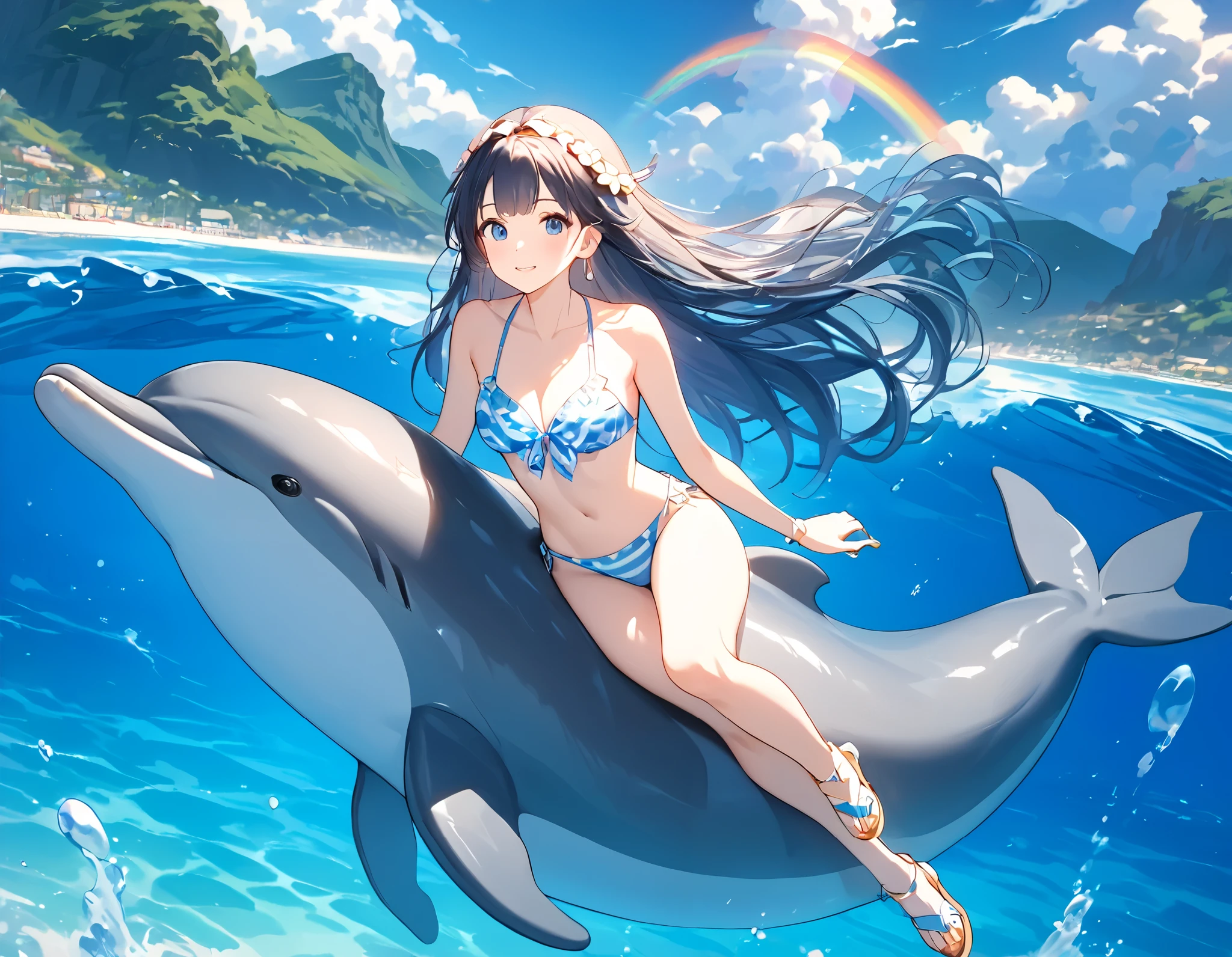 (((Best quality, 8k, Masterpiece: 1.3)), ((best quality)), ((masterpiece)), (detailed), perfect face, perfect body, (detailed skin:1.3), (intricate details), A joyful young girl rides on the back of a leaping dolphin, captured mid-air above a sparkling ocean. The dolphin arcs gracefully through the air, its sleek body glistening under the bright sunlight. The girl, dressed in a vibrant swimsuit, holds onto the dolphin with one hand while the other is stretched out in excitement. Water sprays around them, creating a delicate, shimmering rainbow that adds to the magical moment. The backdrop features a vast, clear blue sky meeting the endless ocean horizon, evoking a sense of freedom and wonder