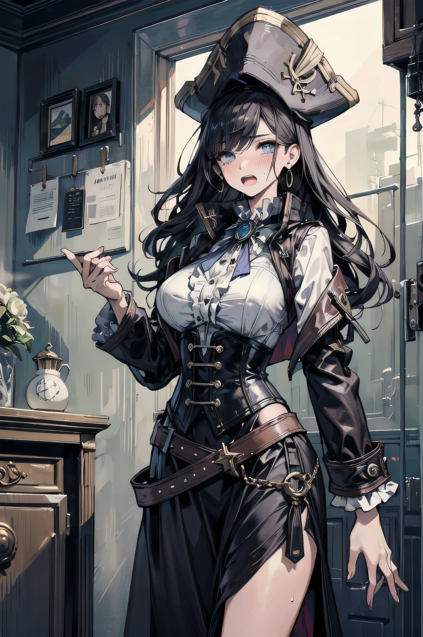 man, abs, male, male face, attractive, thin, ((1man)), masterpiece, sitting, cool pose, steampunk clothes, absurd details, best quality, intricate details, (shiny skin, shiny body, bright skin,, bright hair, pale skin tone), old castle, sunset, attractive, adult, one, don't look at the sight, don't look at the view, don't look at the view, short black hair,  perfect detailed face, perfect detailed hands, blue eyes, ((MLS)), medium large outbreak
