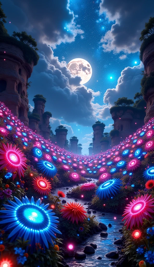 Create an ultra-realistic image of giant , magic fields filled with next-level flowers illuminated by starlight and moonlight, ultra detailed, 4K full HDR