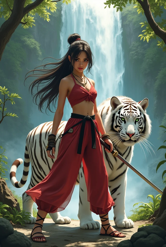 1 girl, 18 years old, holding a katana, (symmetrically detailed face), black hair, hair between the eyes, messy hair, short hair, realistic hair, (vivid eyes), (bright eyes), (symmetrically detailed brown eyes), eyeliner, bright lips, (soft red lips), (crazy expressive smile), (massive small breasts), (soft and realistic skin), casual attire, zoo walk, taking self, ((beautiful tiger behind big background) ), cinematic lighting, high detail, hyperrealism, long shot, (masterpiece), (best quality), high resolution, textured skin, anatomically correct, 8k wallpaper.