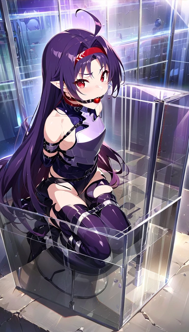 Yuki Bass , Purple Hair, Long Hair, Ahoge, red eyes, Pointy Ears,  headband,  Detachable Sleeves  ,  leotard , Purple Skirt, Shoulder Bare, Gloves,  one girl ,  Movie-like , Game CG,  animated screenshot,  Official Art, masterpiece,  best quality,  Girl Wearing White Restraint ,  White Restraint White Disheveled Hair,full body restraint ,Inside sheet, bitten by monkeys , ball gag , Restraint belts everywhere ,Arms tied, Latex straitjacket  ,  In a Glass Box, Through the glass, Glass Wall, breastplate, armor, Triangle Stand に跨る, Triangle Stand 