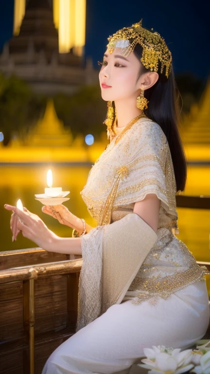 A stunning 8K ultra-high-definition nighttime scene by the riverbank. A beautiful Thai woman, resembling a celestial being, wears an exquisite traditional white Thai dress with gold trim. She sits gracefully on a wooden platform by the water, leaning forward to gently place a pink lotus krathong into the flowing river. The krathong is adorned with flowers and a small candle glowing softly. In the background, an ancient Thai temple glimmers with soft blue light, showcasing a white stupa intricately adorned with radiant patterns. Above, a full yellow moon casts a gentle glow amidst a faint bluish mist, creating an ethereal and tranquil atmosphere. The overall composition is breathtakingly realistic, akin to a 64K masterpiece.