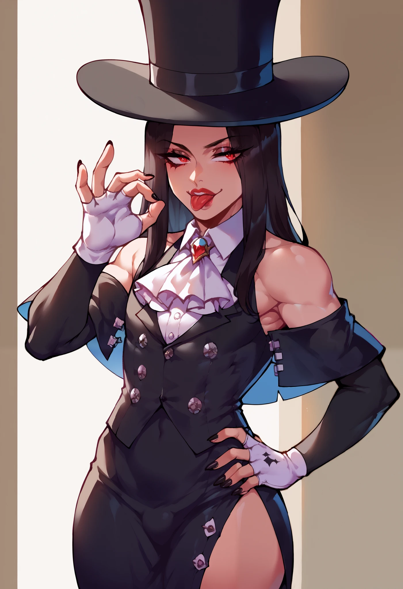 (score_9, score_8_up, seductive face, seductive expression, tall), ggtestament formal, androgynous male, black sleeves, detached sleeves, ascot, top hat, long black skirt, side slit, fingerless gloves, bare shoulders, black nails, black hair, puffy lips, wide hips, red eyes, fellatio gesture, hand on hip,
tongue out, soft lighting, shadow, Nyantcha style, source_anime, 