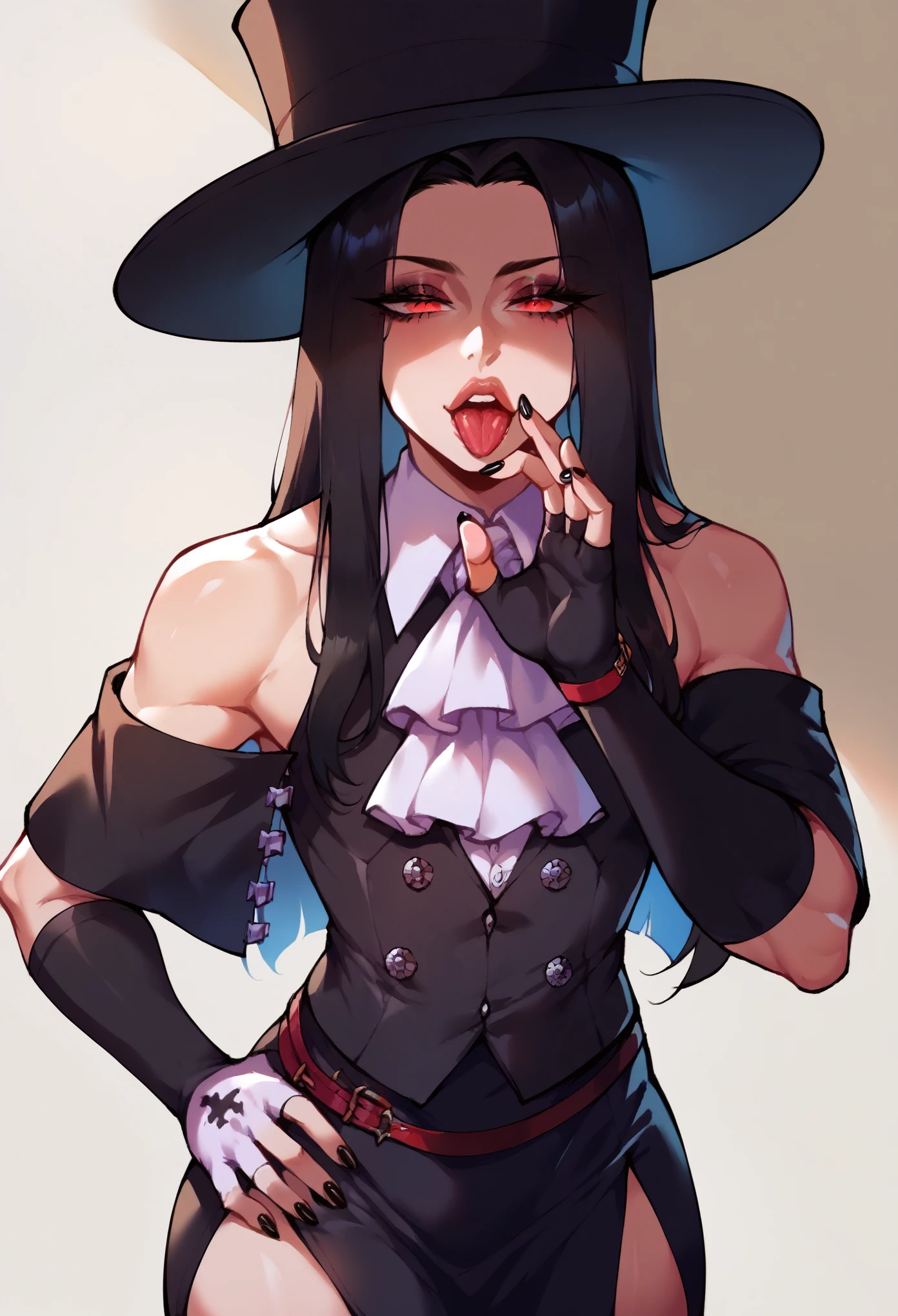 (score_9, score_8_up, seductive face, seductive expression, tall), ggtestament formal, androgynous male, black sleeves, detached sleeves, ascot, top hat, long black skirt, side slit, fingerless gloves, bare shoulders, black nails, black hair, puffy lips, wide hips, red eyes, fellatio gesture, hand on hip,
tongue out, soft lighting, shadow, Nyantcha style, source_anime, 