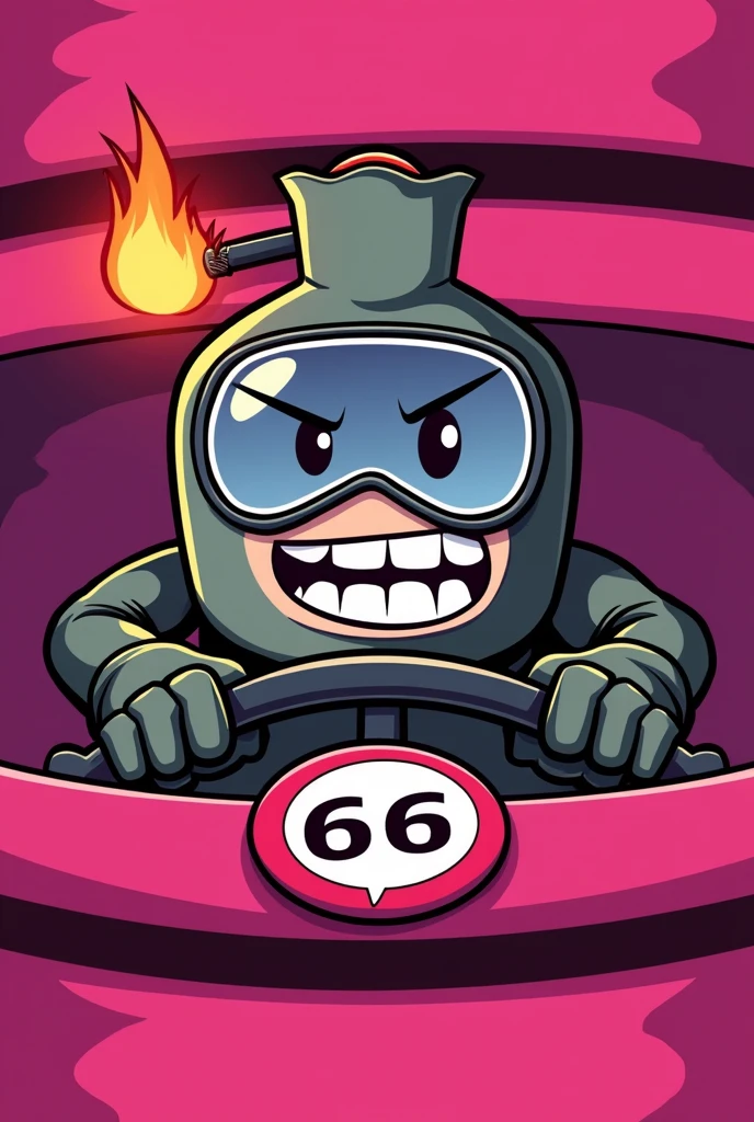  Create a female cartoon character in the shape of a lead colored bomb with her wick on ,  with transparent goggles to show her eyes  , color hot pink  ,  gloves holding a racing bike steering wheel ,  a sign on the steering wheel with the number 66  ,  pink background with separations  ,  character must be angry competing  ( character showing her teeth  , front image ) 