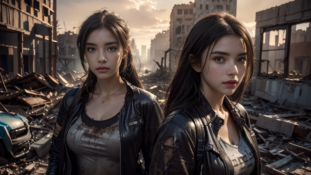 ((masterpiece, best quality, Highest image quality, high resolution, Reality, RAW photos, 8K)), Future city ruins,The post-nuclear world,desert,Beautiful girl,Broken clothes,Pretty face,dirty,Closed mouth,dramatic,Mid-range portrait,dusk