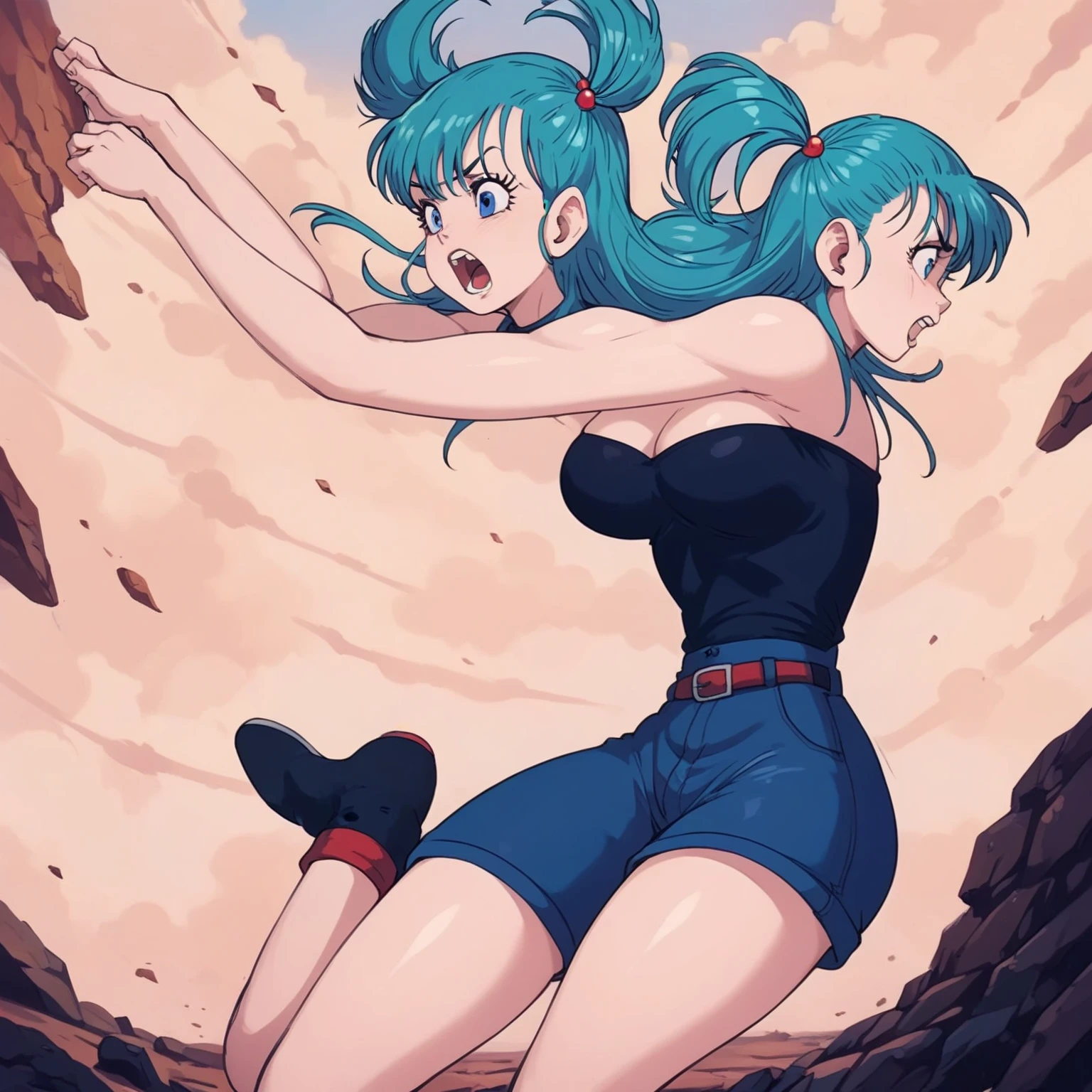 Background is sky.Five clones of Bulma Lie down with wearing white bikinis,Big Breasts,Knocked Down.Their bodies are losing balance, with limbs spread out. Their expressions are fearful, with furrowed brows and mouths open in a scream.punching, raising their hands, kicking, and reaching out. They look terrified, frown, and open their mouths to scream. Side view，Standing on the rocks of the cliff, the rocks under my feet suddenly collapsed, my body fell, and I screamed in fear.
