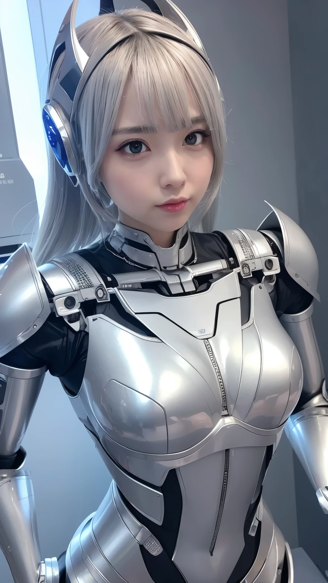 ((best quality)), ((masterpiece)), (detailed), perfect face,female Robot,Japanese Woman,50 years old,silver hair,blue eye,machine ear,silver metallic Robot body,like a Robocop ,Grammer Body,No Expression,Big Chest,Sexy female Robot,Perfect Robot Woman,Sex Android,Sex Robo