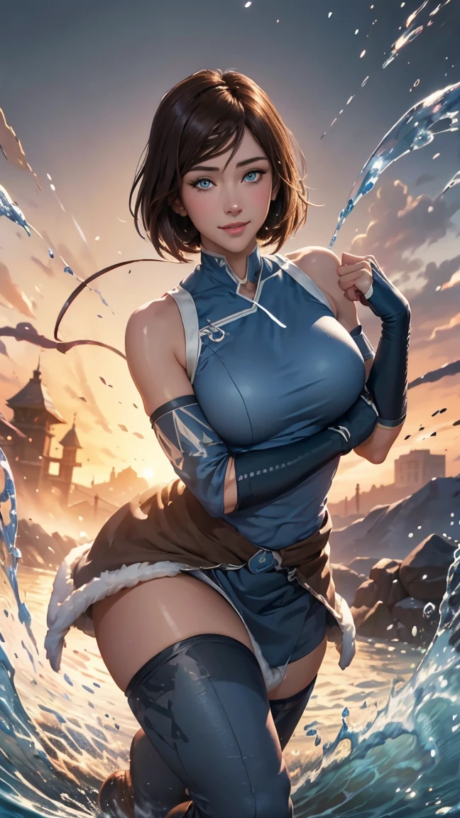 Korra da avatar,(best qualityer,4K,8k,high resolution,work of art:1.2)(weather: snowing), tundra town background, sleeveless top, choker necklace, elbow long gloves, tight leggings, winter belt, fur boots, fur dress trail,short straight hair, brown hair, ultra detailed,realisitic,portraite,beautiful detailed blue eyes, glowing eyes,blush,beautiful detailed lips,extremely detailed eye and face, long eyelashes,sexly,average, medium breasts,beaming smile, sexy smile,powerful girl in a battle, sexy pose, stunning curves,bright coloured,dramatic lighting, water bending,