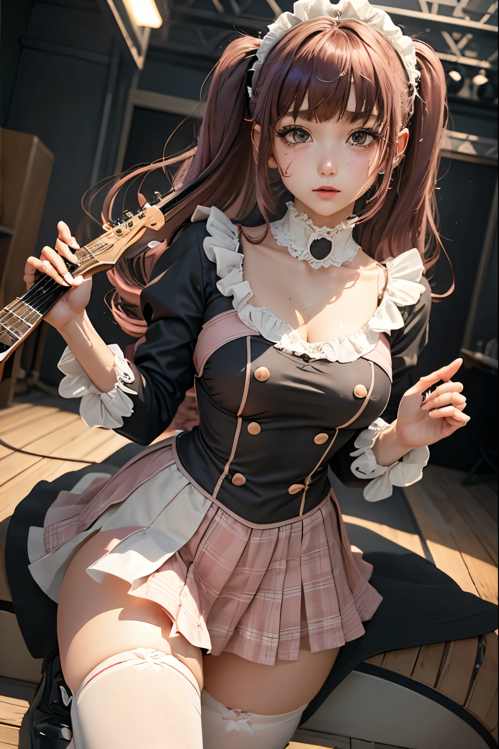 High school girl blazer、uniform、 Red Check Knee Length Skirt、 long skirt、JK Style、 jacket、smile、 knee-high socks、 thigh high socks 、 pantyhose、Superb beauty 、Super cute、ennui、 Rare Beauty 、 twin tail hair、 Dark Dark Eye Shadow 、 sad、Skin radiance、 long hair straightener 、 Dark Gothic Makeup 、Dark Smile、 Fragrant Beauty 、 Stained Glass Background 、masterpiece、 best quality、See 5 books、Sweat glistening on my chest、Sweat glistening on the face、 smaller breasts、Dark pink hair、22 years old、Slightly slim、 Mysterious Expressions 、Sad look、 pink hair、mysterious gothic church、 Fascinating Castle 、Excessive sweating all over the body、Lots of sweat and shine on the thighs、Shiny thighs、Thighs、 Thighs、 I sweat a lot、gal、 smaller breasts、 Japanese face 、 Seductive Expression 、Thin thighs、Playing guitar、 holding an electric guitar 、Sing passionately、A lot of sweat shines on the band Playing Guitar 、 Playing Guitar Chords 、 Live House Background 、 songs、 open your mouth 、 Live House Scenery 、 microphone stand、 gorgeous live stage 、 Dynamic Angles、