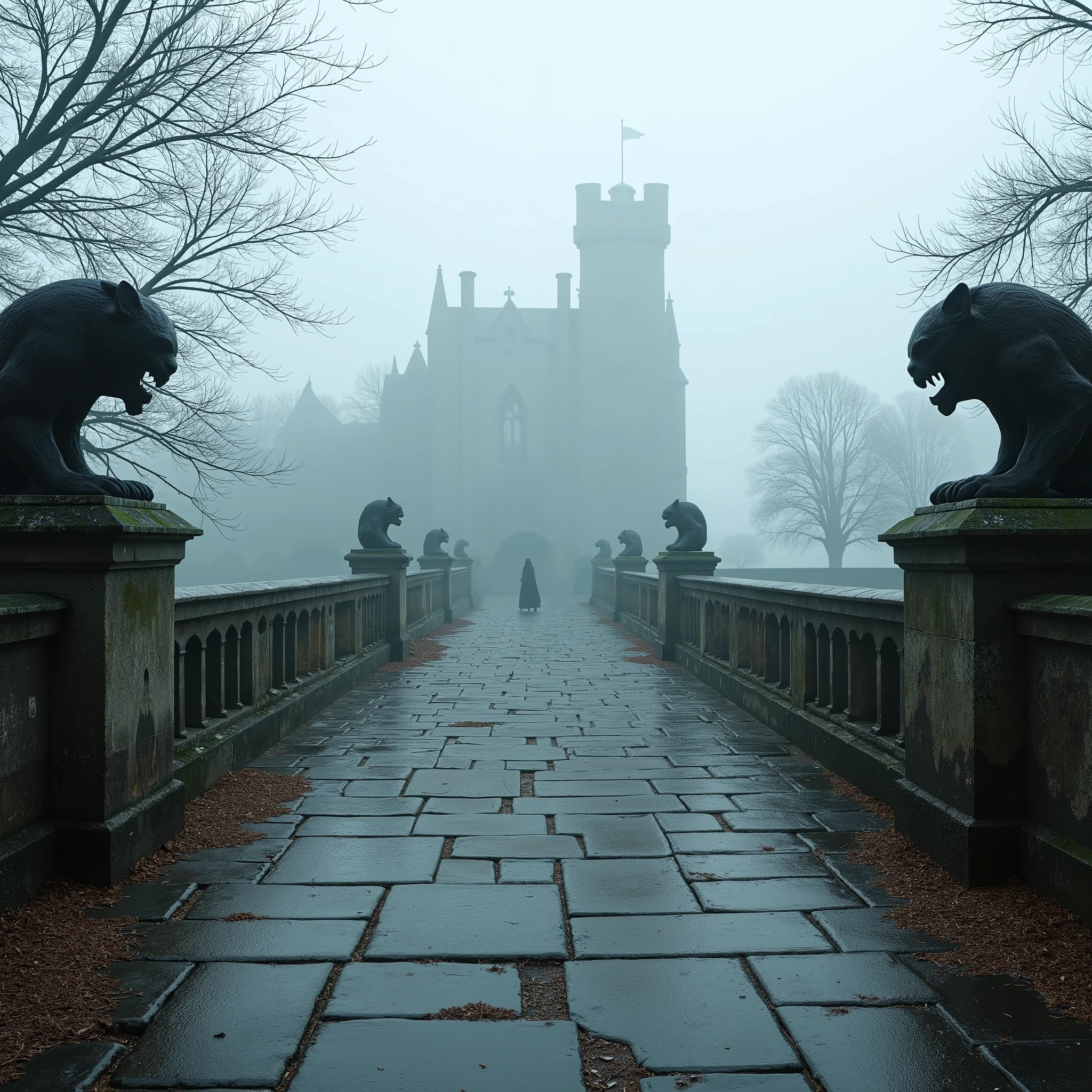 ( photorealism ,maximum quality ,8 k ,HDR) throw,view from the eyes,  we are standing on an ancient stone bridge ,  decorated with stone statues of Gargoyles on the sides , ancient stone bridge ,  that leads to a mysterious Gothic castle visible through the thick fog ahead,  that barely shows through the thick fog ,  clouds of fog all ahead , the end of the bridge is not visible in the fog , slush rain ,despondency fog ,despondency 