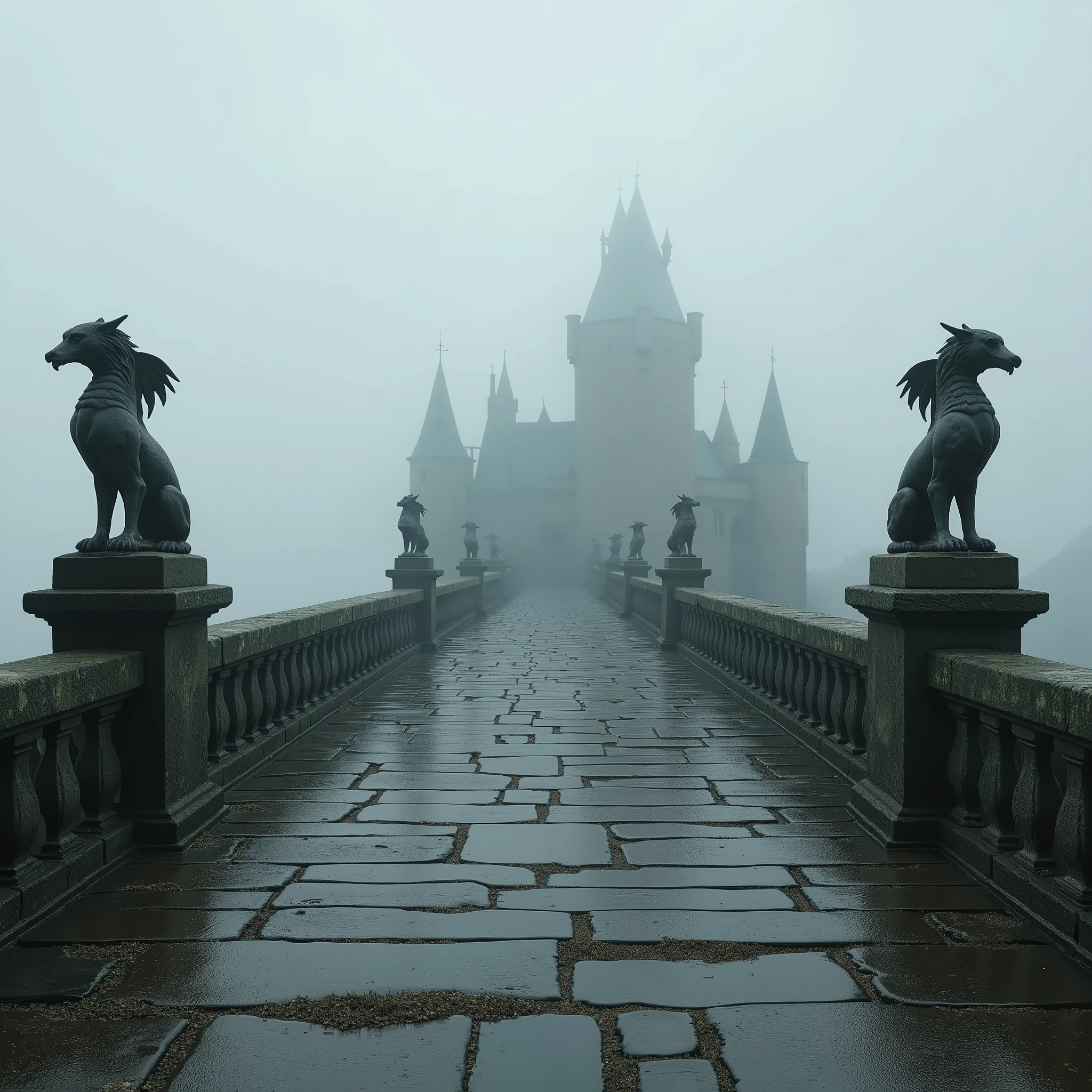 ( photorealism ,maximum quality ,8 k ,HDR) throw,view from the eyes,  we are standing on an ancient stone bridge ,  decorated with stone statues of Gargoyles on the sides , ancient stone bridge ,  that leads to a mysterious Gothic castle visible through the thick fog ahead,  that barely shows through the thick fog ,  clouds of fog all ahead , the end of the bridge is not visible in the fog , slush rain ,despondency fog ,despondency 