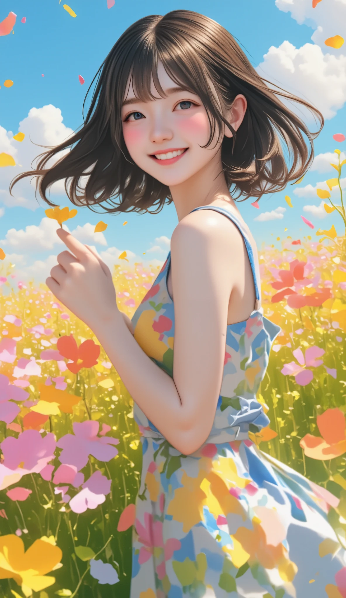  Official Art,  wallpaper,  several people having fun with each other while having very detailed , ((( several people having fun with each other while having very detailed ))), Realistic Portrait , ( High Quality , masterpiece,  high definition ) ,  8K HD Streaming,  High Quality , There is a woman, Colorful flowers々Surrounded by, Flower Field, Portrait of a woman holding flowers,  beautiful young dark-haired woman with flowers , Delicate and vivid illustrations with a wonderfully dreamy , 4K, 8k,  background blur, smile, ,   from below, dynamic, Wide angle, Aperture F1.2,  anatomically accurate , Low Angle, Full body images,   short stature  ,   Hair Blown in the Wind , Portrait of a woman holding a flower with dancing petals shining ,  horizon , dance, Bouncing,  western dress