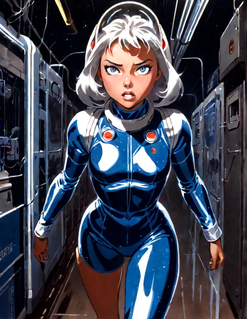 Tanned Woman with silver hair. She is wearing a skin-tight blue space suit with a retro clear dome Astronaut helmet. . She is running in a darkened red sci-fi factory corridor . She looks frightened. Sweat is down her face.