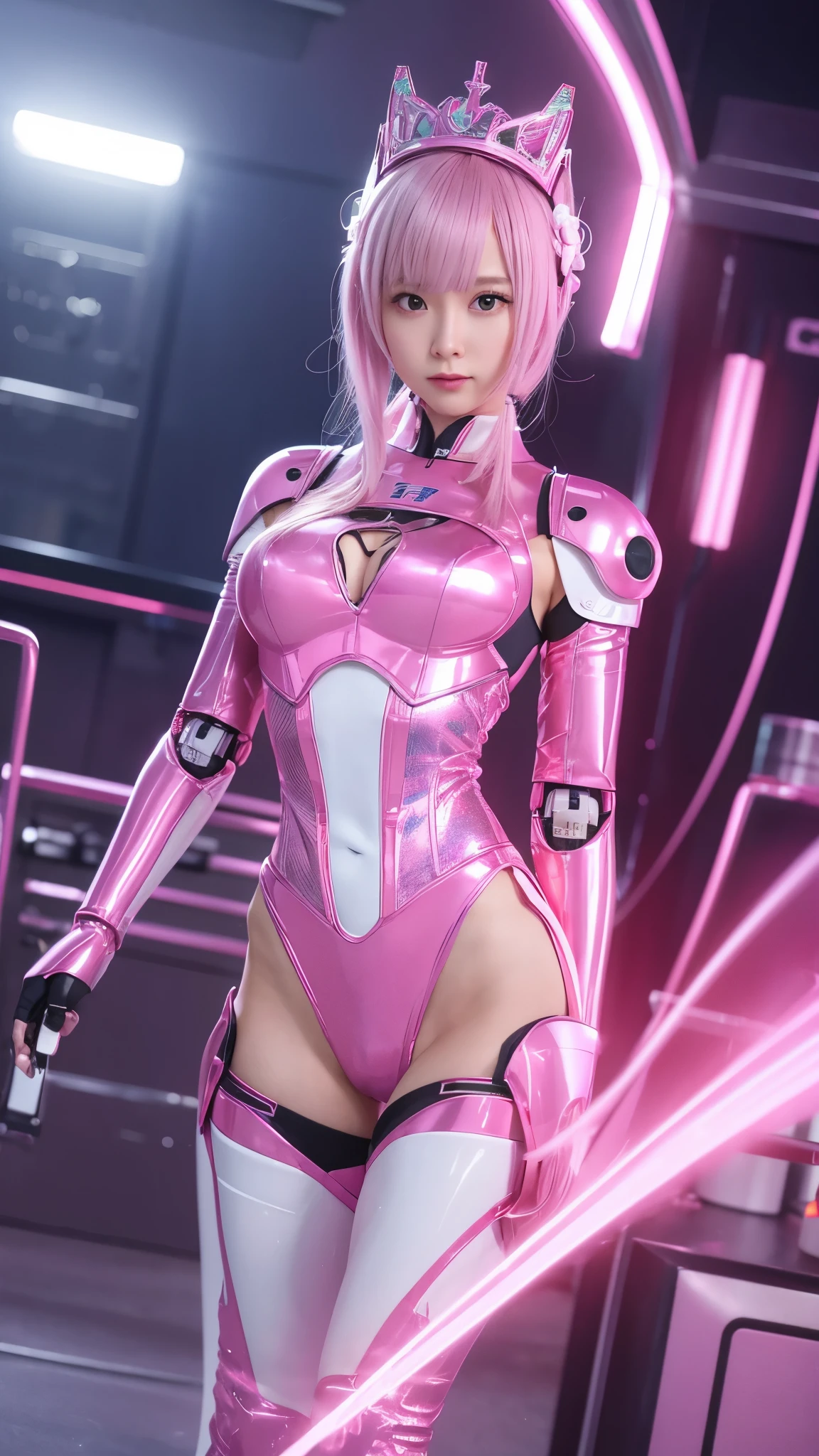 RAW, Masterpiece, Ultra Fine Photo,, Best Quality, Ultra High Resolution, Photorealistic, Sunlight, Full Body Portrait, Stunningly Beautiful,, Dynamic Poses, Delicate Face, Vibrant Eyes, (Side View) a close up of a woman in a pink and white gundam custume, dybamic pose, Short pink hair, girl in mecha cyber armor, portrait armored astronaut girl, d. va from overwatch, female mecha, on a gundam, gundam head, chiho aoshima color scheme, mobile suit, streamlined pink armor, fully robotic!! girl, realistic cosplay, gundam armor