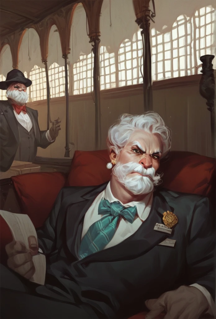  Elderly, strong, gray hair, white mustache. wearing a suit and traveling hat. Inside the house. Angry expression