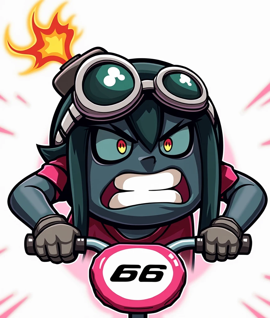  Create a female cartoon character in the shape of a lead colored bomb with her wick on ,  with transparent goggles to show her eyes  , color hot pink  ,  gloves holding a racing bike steering wheel ,  a sign on the steering wheel with the number 66  ,  pink background with separations  ,  character must be angry competing  ( character showing her teeth  , front image ) 