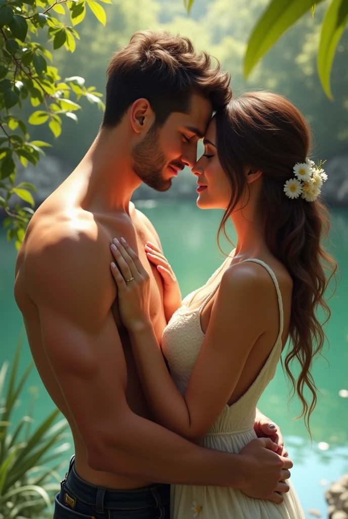 Couple, huge tits, naked, full body, romance