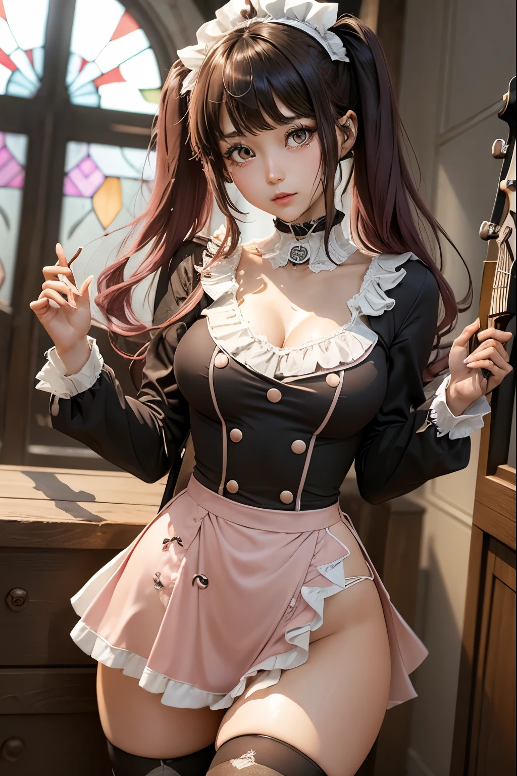 High school girl blazer、uniform、 Red Check Knee Length Skirt、 long skirt、JK Style、 jacket、smile、 knee-high socks、 thigh high socks 、 pantyhose、Superb Beauty 、Super cute、ennui、 Rare Beauty 、 twin tail hair、 Dark Dark Eye Shadow 、 sad、Skin radiance、 long hair straightener 、 Dark Gothic Makeup 、Dark Smile、 Fragrant Beauty 、 Stained Glass Background 、masterpiece、 best quality、See 5 books、Sweat glistening on my chest、Sweat glistening on the face、 smaller breasts、Dark pink hair、22 years old、Slightly slim、 Mysterious Expressions 、Sad look、 pink hair、mysterious gothic church、 Fascinating Castle 、Excessive sweating all over the body、Thighsに大量の汗と光、光沢のあるThighs、Thighs、Thighsに大量の汗が光る、 I sweat a lot、Gal、 smaller breasts、 Japanese face 、 Seductive Expression 、細いThighs、Playing guitar、 holding an electric guitar 、Sing passionately、バンドでPlaying guitar、 Playing Guitar Chords 、 Live House Background 、 songs、 open your mouth 、 Live House Scenery 、 microphone stand、 gorgeous live stage 、 Dynamic Angles、