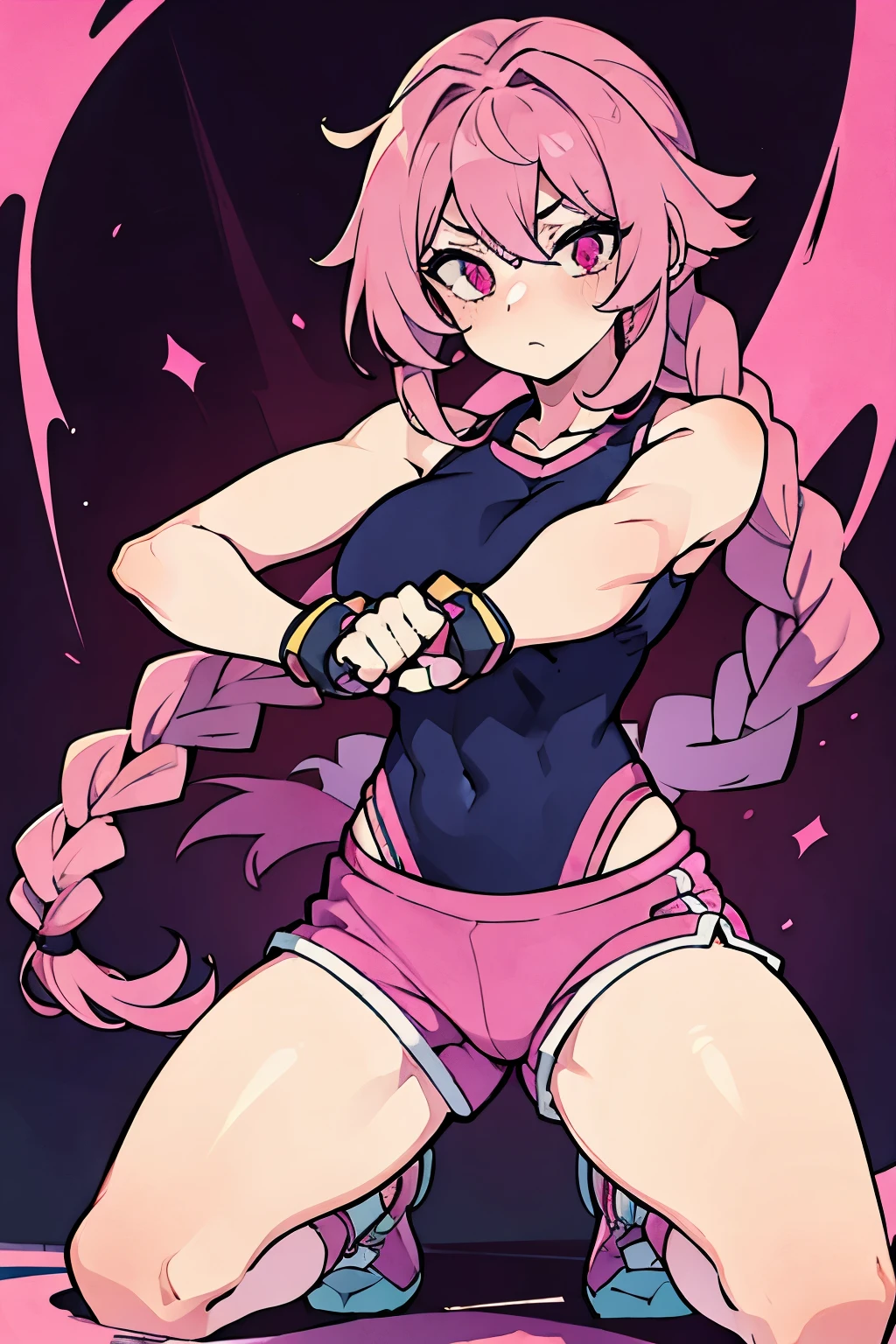 confident beautiful Asian girl with pink hair, wearing a sports bra, dominant, stepping on a penis, photorealistic, cinematic lighting