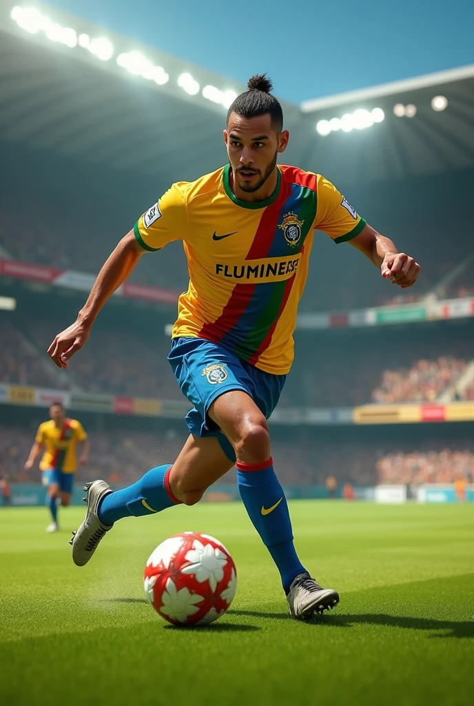 a Brazilian soccer player wearing the Fluminense jersey, Scoring a goal .