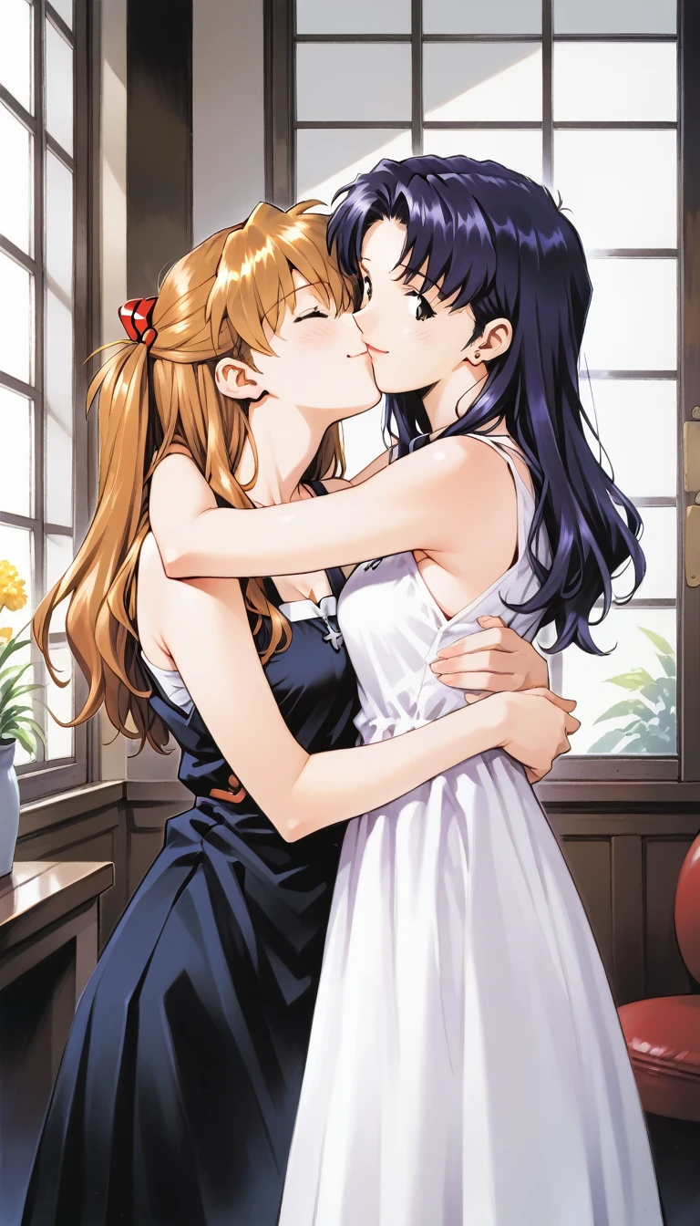 Score_9, Score_8_up, Score_7_up, source_anime, rating_questionable, a high resolution photograph of Japanese couple, masterpiece, best quality, 2girls, yuri couple, profile, side view, BREAK, (1girl, katsuragi misato in black dress, purple hair), BREAK, (1girl, souryuu asuka langley in sundress, light-brown hair), BREAK, (misato is standing behind asuka, hugging from behind, breast grabbing:1.3), BREAK,
indoors, nerv,