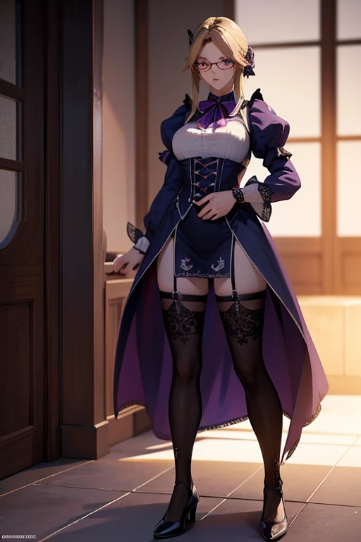 "subject": "anime character, gothic maid outfit, elegant and refined,purple hair, round glasses, intricate details on clothing with lace and ribbons, thigh-high stockings with lace trims, confident and graceful posture", "style": "anime illustration, highly detailed, cel-shaded, vivid color palette", "environment": "minimalistic background, soft gradient lighting, focus on character", "lighting": "soft ambient light with subtle highlights, creating a warm and mysterious glow", "camera": "full-body shot, centered composition", "render_settings": "4k resolution, high detail, sharp focus on character, clean outlines", "art_inspirations: DOA Helena but with purple hair"