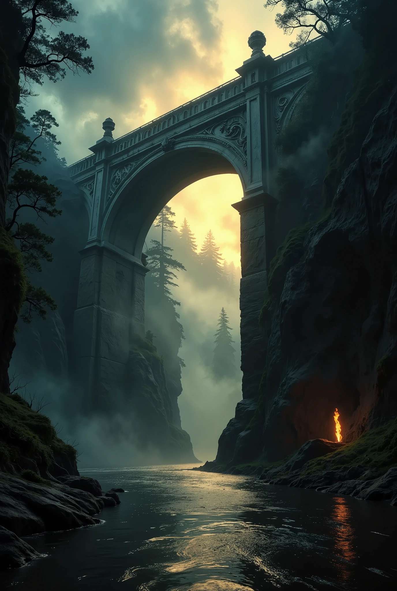 Generate an ultra-realistic, cinematic image of a colossal, ancient stone bridge shrouded in very dense, thick mystical fog. The bridge towers majestically over a wide, calm river, its massive arches adorned with intricate carvings of mythical creatures and ancient symbols, hinting at a forgotten, otherworldly civilization. Beams of sunlight pierce through the fog, creating a dramatic Tyndall effect that highlights the bridge's grandeur and casts shimmering reflections on the water below. The scene exudes a sense of mystery, with faint silhouettes of ethereal figures or glowing runes subtly visible in the mist, adding a mythical atmosphere. The environment features shadowy cliffs and ancient, overgrown foliage surrounding the bridge, enhancing its legendary and enigmatic aura. Inspired by the atmospheric artistry of Albert Bierstadt and the photographic precision of Ansel Adams, this composition combines cinematic grandeur with intricate detail. Use a high-end camera style like the Canon EOS R5 with a 35mm f/1.4 lens to capture the full scale of the bridge while maintaining sharp textures, soft bokeh, and dramatic depth of field. Focus on the interplay of light, shadow, and fog to create an awe-inspiring, mythical masterpiece that captivates the viewer.