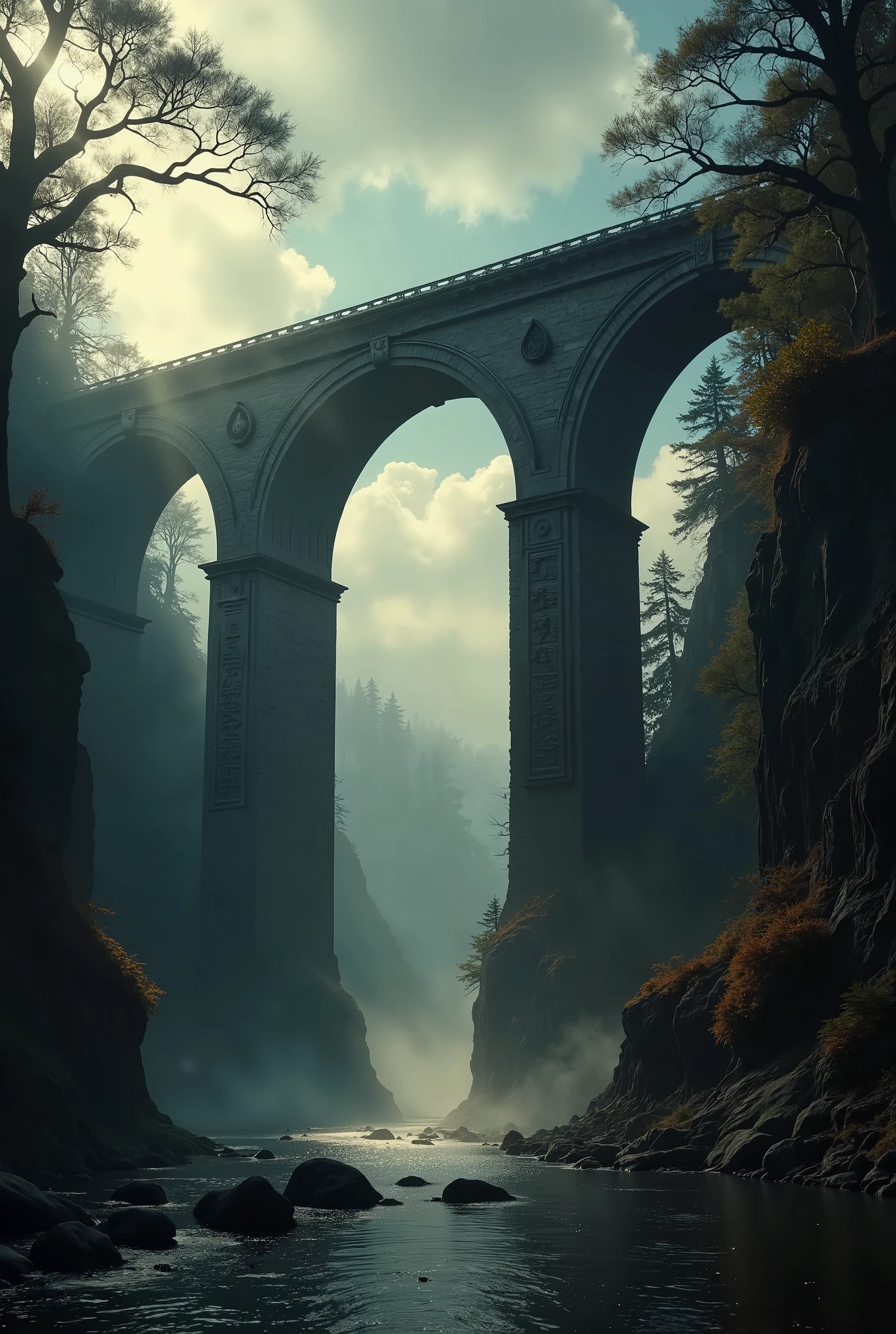 Generate an ultra-realistic, cinematic image of a colossal, ancient stone bridge shrouded in very dense, thick mystical fog. The bridge towers majestically over a wide, calm river, its massive arches adorned with intricate carvings of mythical creatures and ancient symbols, hinting at a forgotten, otherworldly civilization. Beams of sunlight pierce through the fog, creating a dramatic Tyndall effect that highlights the bridge's grandeur and casts shimmering reflections on the water below. The scene exudes a sense of mystery, with faint silhouettes of ethereal figures or glowing runes subtly visible in the mist, adding a mythical atmosphere. The environment features shadowy cliffs and ancient, overgrown foliage surrounding the bridge, enhancing its legendary and enigmatic aura. Inspired by the atmospheric artistry of Albert Bierstadt and the photographic precision of Ansel Adams, this composition combines cinematic grandeur with intricate detail. Use a high-end camera style like the Canon EOS R5 with a 35mm f/1.4 lens to capture the full scale of the bridge while maintaining sharp textures, soft bokeh, and dramatic depth of field. Focus on the interplay of light, shadow, and fog to create an awe-inspiring, mythical masterpiece that captivates the viewer.