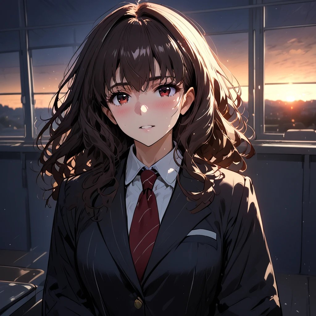  old girl, black school uniform, Red Tie, by the wide, Dark brown wavy hair, in a classroom, at dusk, high quality 