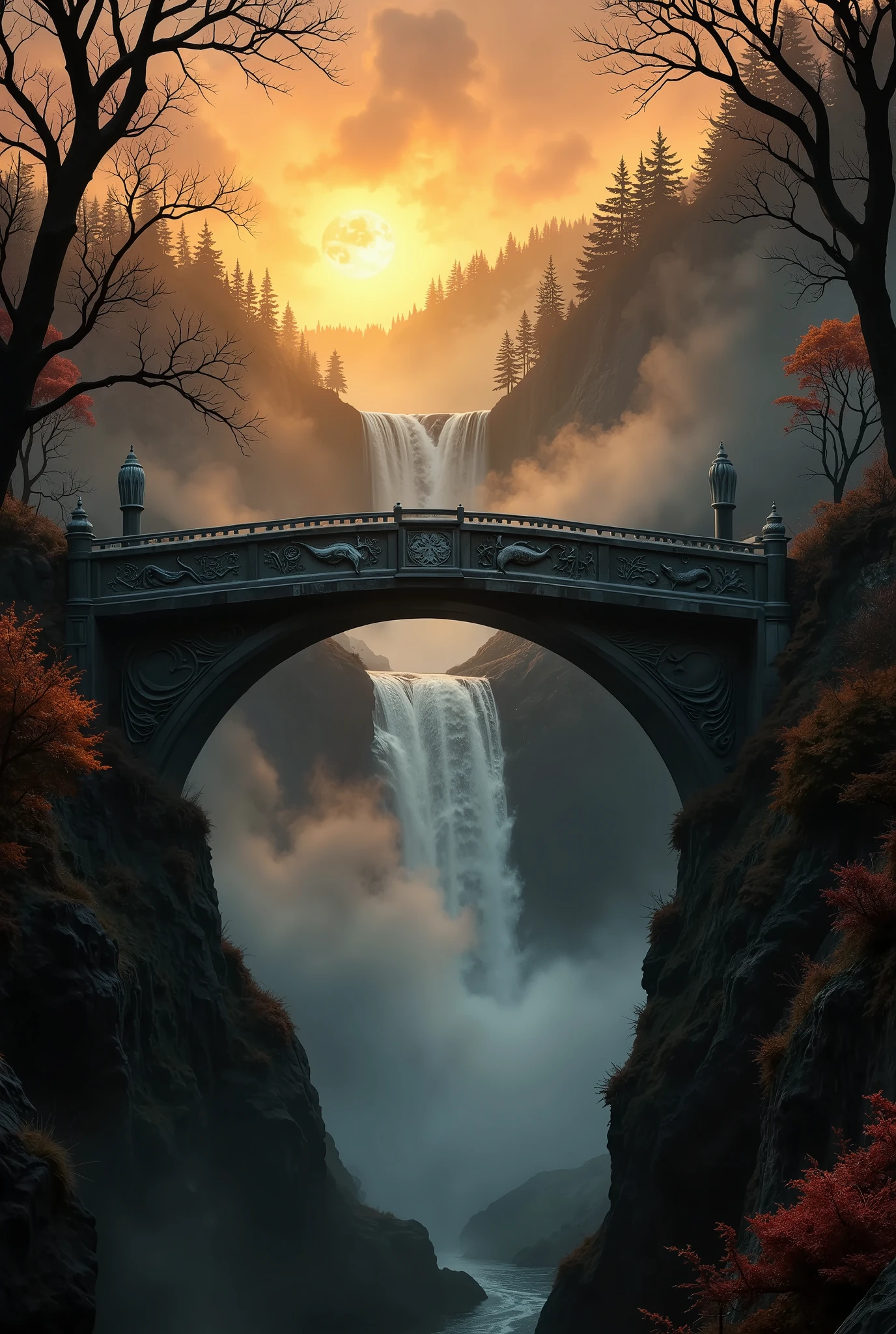 Generate an ultra-realistic, cinematic image of a colossal, ancient stone bridge shrouded in dense, thick mystical fog. The bridge towers majestically over a breathtaking, roaring waterfall, its massive arches adorned with intricate carvings of mythical creatures and ancient symbols, hinting at a forgotten, otherworldly civilization. Beams of golden sunlight pierce through the fog, creating a dramatic Tyndall effect that highlights the bridge's grandeur and casts shimmering reflections on the waterfall below. The scene exudes a sense of mystery, with faint silhouettes of ethereal figures or glowing runes subtly visible in the mist, adding a mythical atmosphere. Surrounding the bridge are vibrant autumnal elements: trees in shades of deep orange, fiery red, and golden yellow cascade down the cliffs, their leaves drifting softly in the misty air. The overgrown foliage takes on the rich, warm tones of fall, while the forest floor below is carpeted in fallen leaves. The glowing sunlight enhances the seasonal colors, adding warmth and depth to the mystical environment. Inspired by the atmospheric artistry of Albert Bierstadt and the photographic precision of Ansel Adams, this composition combines cinematic grandeur with intricate detail. Shot with a Canon EOS R5 and a 35mm f/1.4 lens, the image captures the full scale of the bridge while emphasizing the interplay of light, shadow, fog, and autumnal tones, creating an awe-inspiring, mythical masterpiece that captivates the viewer.