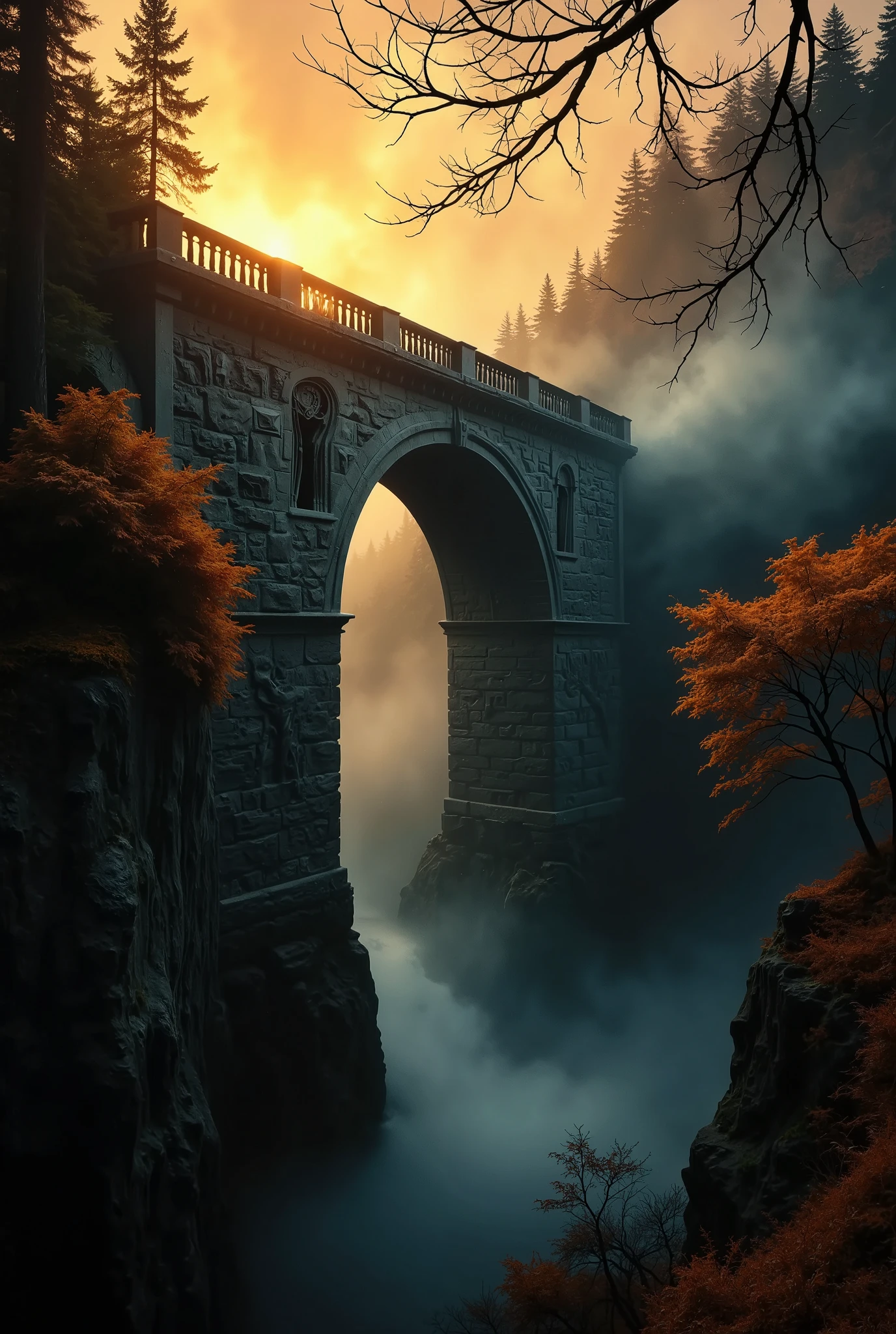 Generate an ultra-realistic, cinematic image of a colossal, ancient stone bridge shrouded in dense, thick mystical fog. The bridge towers majestically over a breathtaking, roaring waterfall, its massive arches adorned with intricate carvings of mythical creatures and ancient symbols, hinting at a forgotten, otherworldly civilization. Beams of golden sunlight pierce through the fog, creating a dramatic Tyndall effect that highlights the bridge's grandeur and casts shimmering reflections on the waterfall below. The scene exudes a sense of mystery, with faint silhouettes of ethereal figures or glowing runes subtly visible in the mist, adding a mythical atmosphere. Surrounding the bridge are vibrant autumnal elements: trees in shades of deep orange, fiery red, and golden yellow cascade down the cliffs, their leaves drifting softly in the misty air. The overgrown foliage takes on the rich, warm tones of fall, while the forest floor below is carpeted in fallen leaves. The glowing sunlight enhances the seasonal colors, adding warmth and depth to the mystical environment. Inspired by the atmospheric artistry of Albert Bierstadt and the photographic precision of Ansel Adams, this composition combines cinematic grandeur with intricate detail. Shot with a Canon EOS R5 and a 35mm f/1.4 lens, the image captures the full scale of the bridge while emphasizing the interplay of light, shadow, fog, and autumnal tones, creating an awe-inspiring, mythical masterpiece that captivates the viewer.