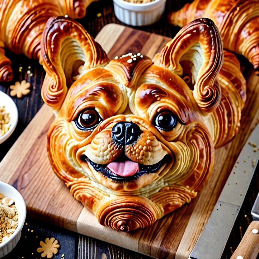 A croissant shaped like a dog with a realistic dog's face, sitting on a wooden cutting board. The croissant has layers of delicate texture, a golden crispy surface, and the shape smoothly blends with the dog's body. The dog's face is cute, with details like eyes, nose, and mouth expressed through the bread's texture. The croissant is golden brown with realistic shading and crumbs scattered around the edges, creating a playful atmosphere.