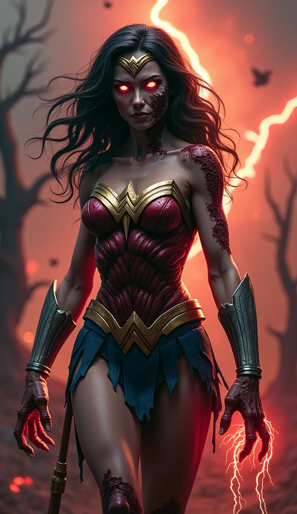 (((Wonder Woman long black hair silver metal diaema with a red star on her forehead blue eyes with part of her side head shaved)))on his knees screaming in a cemetery full of skulls and rats blood around him))),(((Light blue leather pants with lots of tiny stars)))