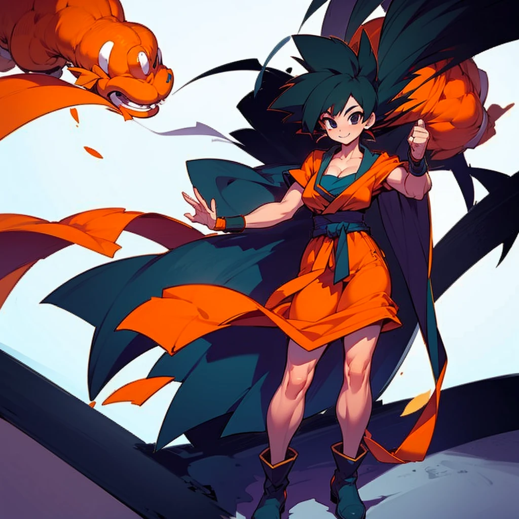 1girl, solo, breasts, smile, medium breasts, standing, black hair, white background, cleavage, full body, boots, black footwear, blue undershirt, black eyes, sash, spiked hair, wristband, genderswap, genderswap \(mtf\), dougi, son goku