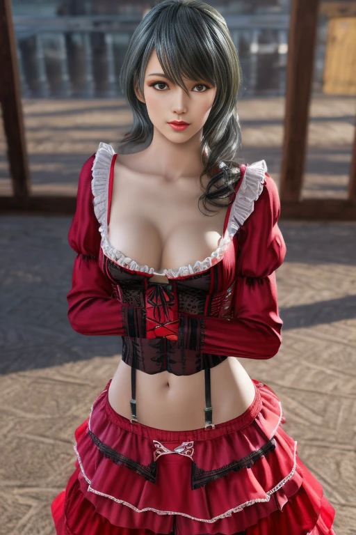 1 girl,BREAK (Royal:1.4), (red and black theme:1.5), ((red) bucket hat with rose corsage:1.4), (fusion of black high neck crop top and latex (red bustier):1.4), ((floral lace, see-through):1.3), ((sleeveless, bare shoulders):1.3), (red tiered skirt with black ruffles:1.4), ((ultra long gloves) with floral lace:1.3), (wrap a (cat garter) around thighs:1.4), outdoor,elegant,nighttime,moonlighe,shiny skin,( huge breasts), lip gloss,tattoos, masterpiece, best quality, realistic ,Surrealism,natural colors art in 8k,soft shadows,High-definition RAW color photos professional portrait photos,solo, elise,