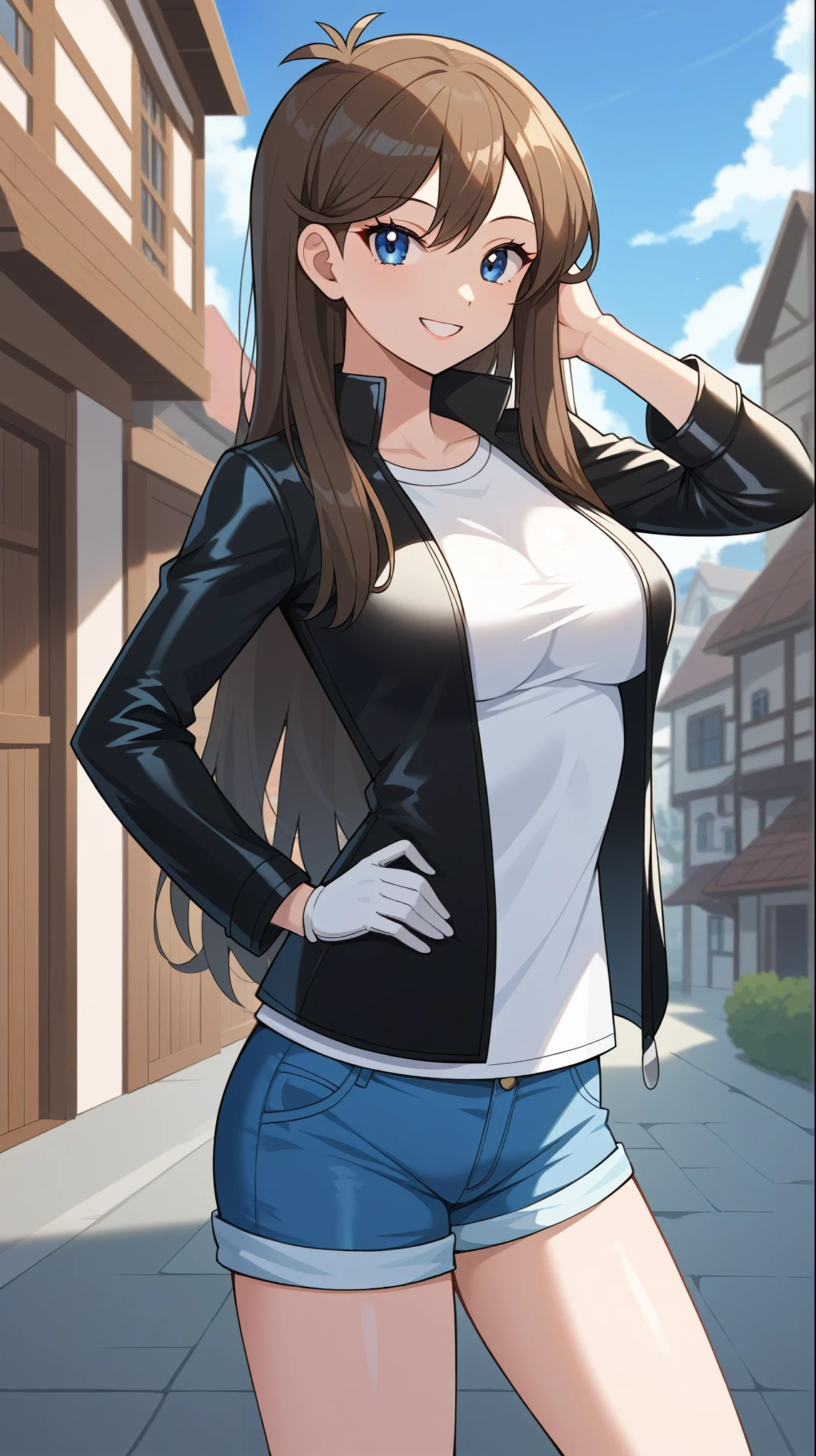  score_9,  score_8_Excellent,  score_7_Excellent,  score_6_Excellent,  best quality, sauce_Anime,  cell shading ,  flat color, vector,  detailed background , town, building,  break 1 girl , Alone, (\ Pokémon\),  brown hair, Long Hair,  blue eyes, Ample breasts,  Viewers, 1 female, Age 18, whole body,  slim figure without arms, smile, Outdoor, 挑発的なsmile,  seductive smiles from all around,  black long sleeve leather jacket,  you are fanning with your hand put one of your hands on your lower back,  white shirt,  blue denim shorts ,  knee-high boots,  Tall,　bare hands, no gloves ,  standing ,
