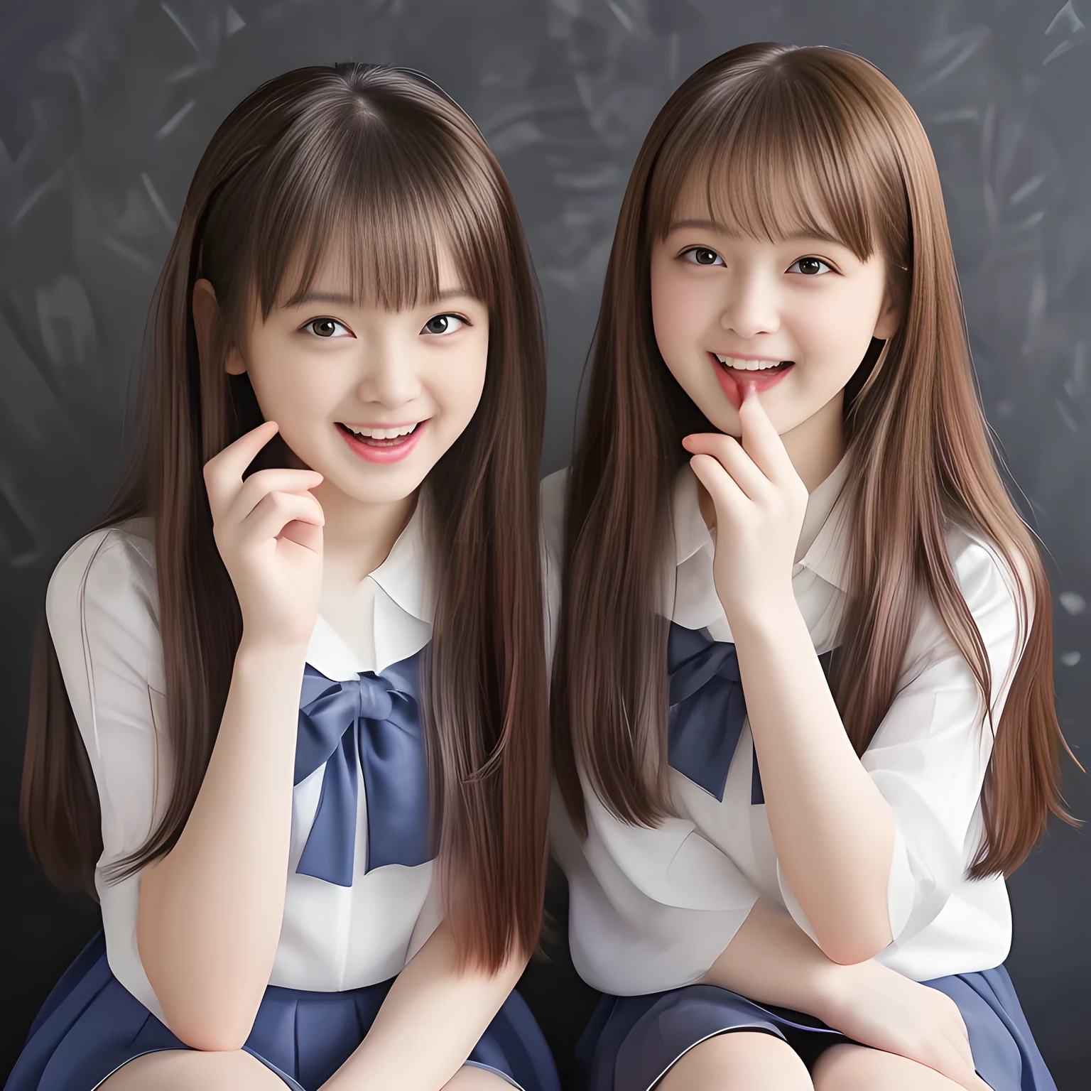 (Highest quality, masterpiece:1.2), Highest quality, High resolution, 1080P, 8k, height: 150cm, (Two yo Japanese beautiful girl idols are seated and giving strong subliminal sexual invitation and temptation, cute skirt with beautiful knees, looking at the viewer, can't stop showing cute smile open mouth because of feeling too funny about the viewer, very white-white face, very proud of her long straight black hair, using face-whitening cosmetics, 14 girl's eyes, opened laughing giggling most open mouth, too expensive luxurious glossy too-much-girly erotic frilled ivory silk blouse, polyester dark-navy school-skirt and bewitching ribbon on the breast, well-straitened super-super-long well-trimmed long hair, evenly neatly trimmed girly cute bangs: 1.5), (white thighs and knees: 1.7), (Well-balanced, impressive, lovely, drooping, double-eyelids, black shining large prominent eyes of 14yodol with detailed: 1.5), ((Beautiful well-figured glossy opened laughing lips: 1.2)), (mature breast), (The viewer can't stop madly kissing them because of her beauty and subliminal strong invitation), (Very beautiful, super-glossy, cute neat black amazingly long hair, straight well-done long hair-style: 1.3), (plain blue background: 1.6), (((Completely balanced beautiful big big eyes, looking at me))), (eyes, face and hair are especially beautifully detailed and beautifully drawn: 1.5),  (The soft white light clearly shows her face extremely white: 1.2), (Feel too luxurious and expensive), (School uniform, too-cute slender 14yo super-long-hair Japanese beautiful-young-girl idol twins are laughing and licking the other's hand each other with super-wide open open laughing mouth like eating the viewer, everything is girly, neat and too beautiful: 1.6), (Super long hair 14yo super-cute school-uniform idol of pure-pure idol magazine's cover girl in 2003 in Japan: 2.1)