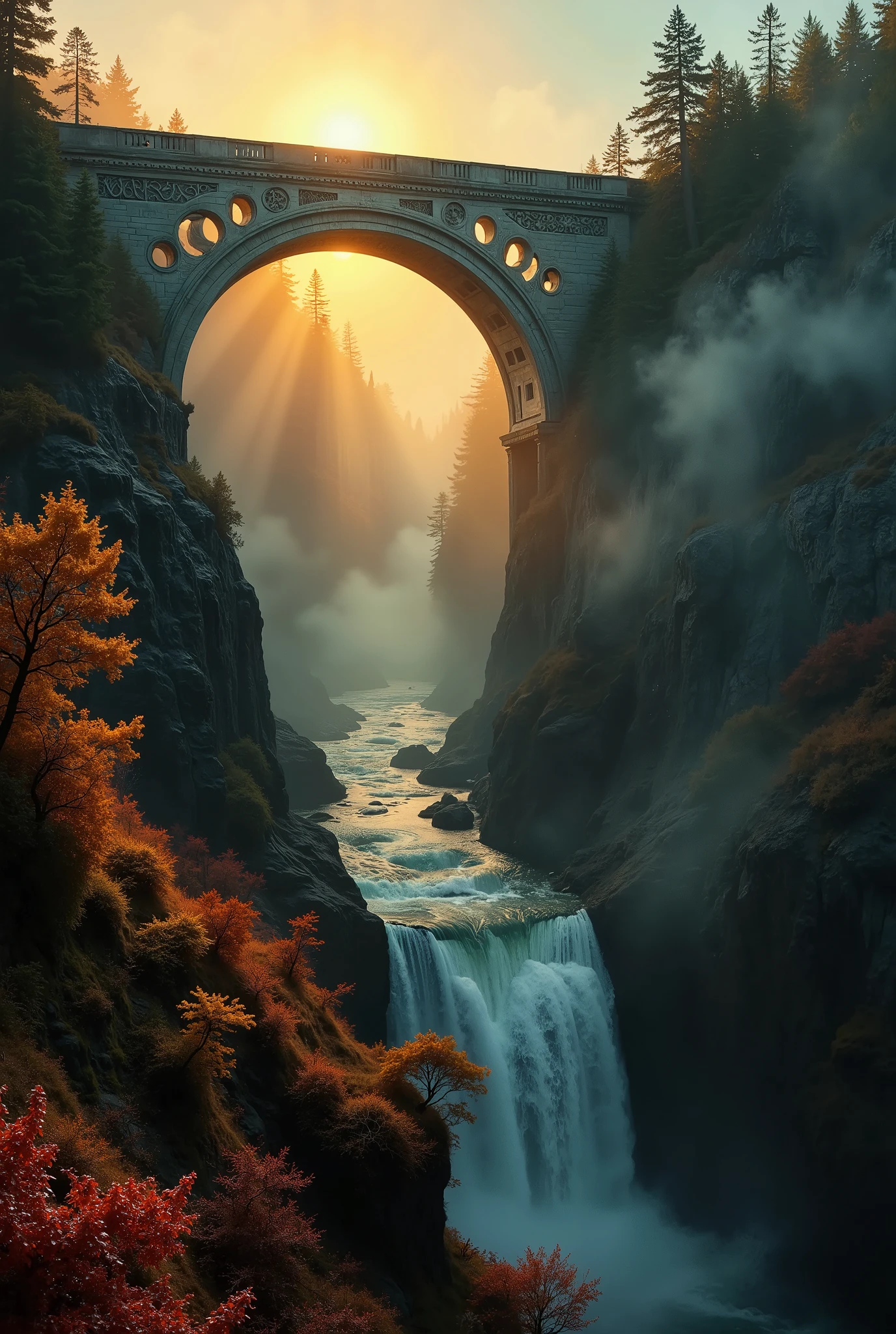 Generate an ultra-realistic, cinematic image of a colossal, ancient stone bridge shrouded in dense, thick mystical fog. The bridge towers majestically over a breathtaking, roaring waterfall, its massive arches adorned with intricate carvings of mythical creatures and ancient symbols, hinting at a forgotten, otherworldly civilization. Beams of golden sunlight pierce through the fog, creating a dramatic Tyndall effect that highlights the bridge's grandeur and casts shimmering reflections on the waterfall below. The scene exudes a sense of mystery, with faint silhouettes of ethereal figures or glowing runes subtly visible in the mist, adding a mythical atmosphere. Surrounding the bridge are vibrant autumnal elements: trees in shades of deep orange, fiery red, and golden yellow cascade down the cliffs, their leaves drifting softly in the misty air. The overgrown foliage takes on the rich, warm tones of fall, while the forest floor below is carpeted in fallen leaves. The glowing sunlight enhances the seasonal colors, adding warmth and depth to the mystical environment. Inspired by the atmospheric artistry of Albert Bierstadt and the photographic precision of Ansel Adams, this composition combines cinematic grandeur with intricate detail. Shot with a Canon EOS R5 and a 35mm f/1.4 lens, the image captures the full scale of the bridge while emphasizing the interplay of light, shadow, fog, and autumnal tones, creating an awe-inspiring, mythical masterpiece that captivates the viewer.