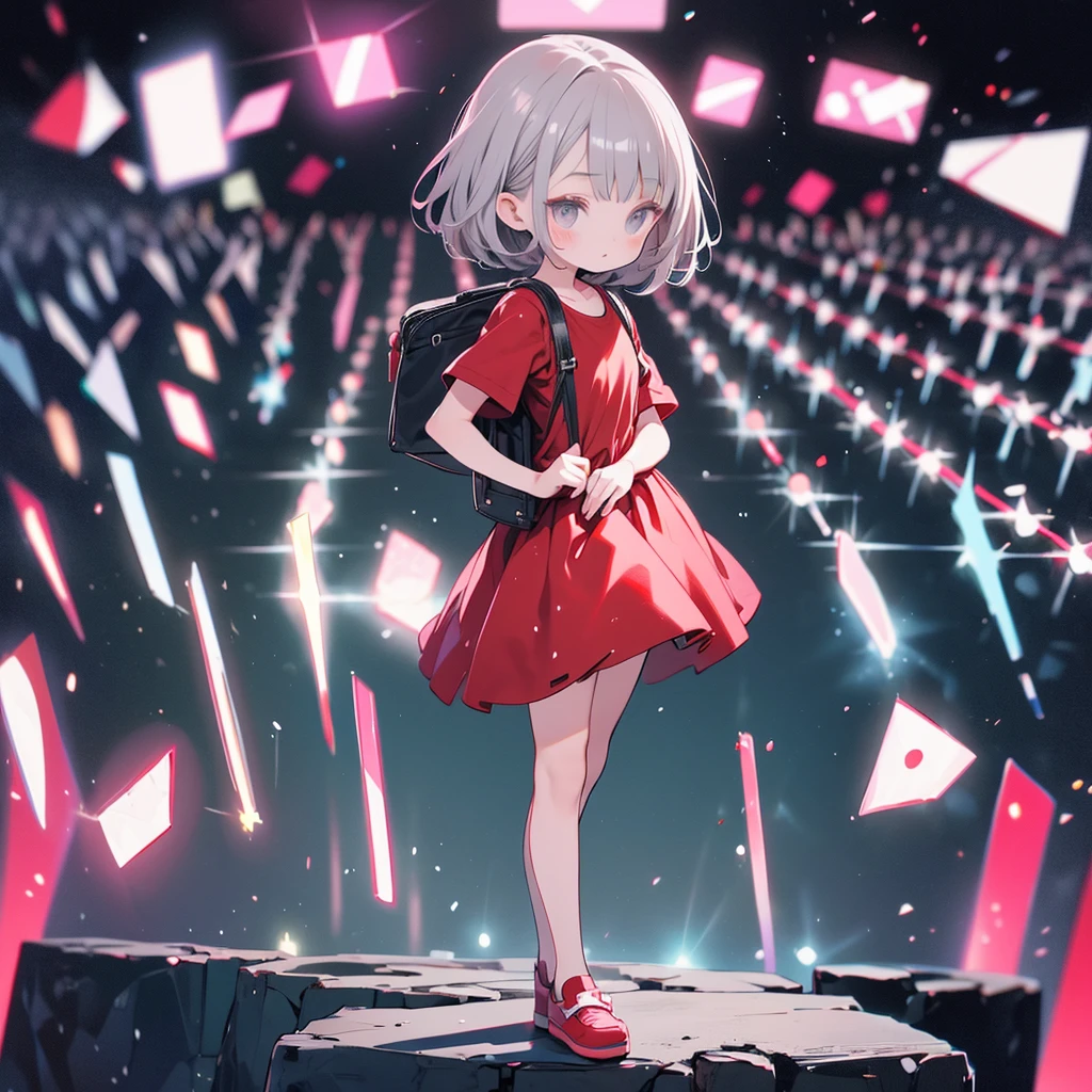  1 girl,、cute、 elemenhort sleeve dress 、Grey Hair、 red backpack 、skip、 standing sideways facing the audience、yellow simple background 