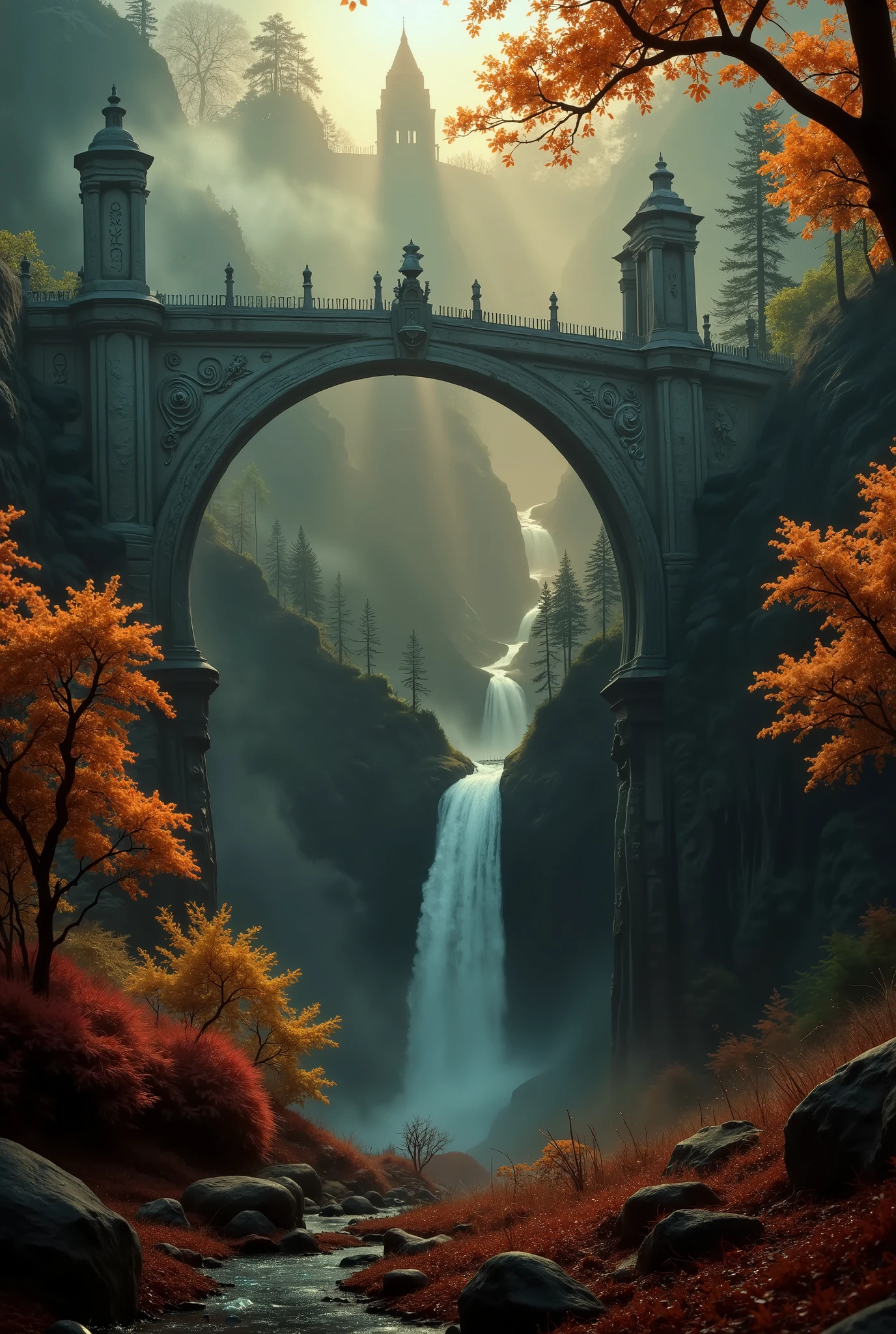 Generate an ultra-realistic, cinematic image of a colossal, ancient stone bridge shrouded in dense, thick mystical fog. The bridge towers majestically over a breathtaking, roaring waterfall, its massive arches adorned with intricate carvings of mythical creatures and ancient symbols, hinting at a forgotten, otherworldly civilization. Beams of golden sunlight pierce through the fog, creating a dramatic Tyndall effect that highlights the bridge's grandeur and casts shimmering reflections on the waterfall below. The scene exudes a sense of mystery, with faint silhouettes of ethereal figures or glowing runes subtly visible in the mist, adding a mythical atmosphere. Surrounding the bridge are vibrant autumnal elements: trees in shades of deep orange, fiery red, and golden yellow cascade down the cliffs, their leaves drifting softly in the misty air. The overgrown foliage takes on the rich, warm tones of fall, while the forest floor below is carpeted in fallen leaves. The glowing sunlight enhances the seasonal colors, adding warmth and depth to the mystical environment. Inspired by the atmospheric artistry of Albert Bierstadt and the photographic precision of Ansel Adams, this composition combines cinematic grandeur with intricate detail. Shot with a Canon EOS R5 and a 35mm f/1.4 lens, the image captures the full scale of the bridge while emphasizing the interplay of light, shadow, fog, and autumnal tones, creating an awe-inspiring, mythical masterpiece that captivates the viewer.